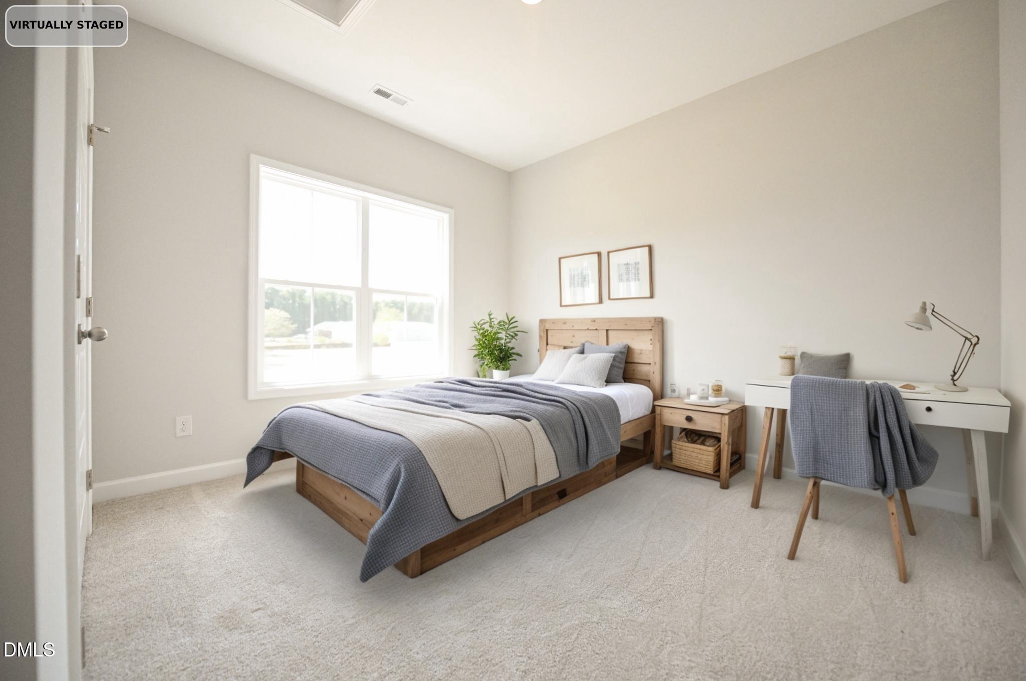 Virtually staged bedroom with a wooden bed, large double window, and white desk.