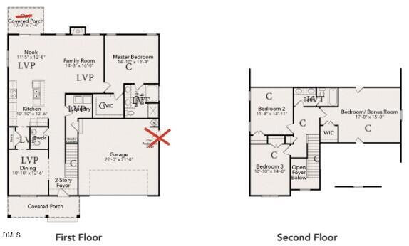 Two-story floor plan with first-floor living areas and garage, plus upstairs bedrooms and an open foyer.