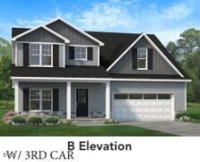 Two-story gray home with white trim, a covered porch, and an attached garage.