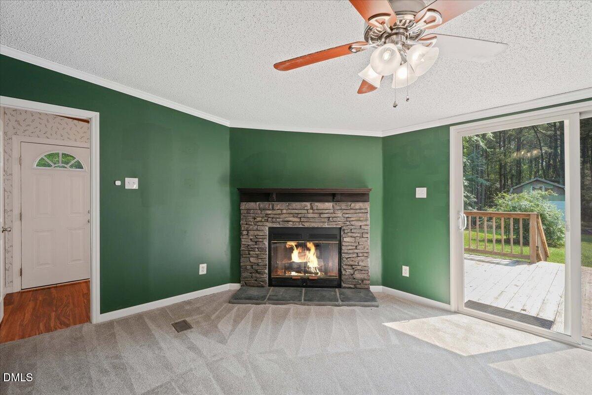 Empty living room with stone fireplace, green walls, and sliding glass doors to a deck.