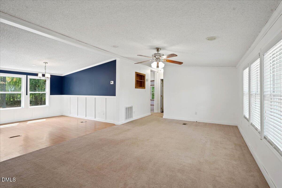 Unfurnished living room with beige carpet, ceiling fan, and wide windows; adjoining area has wood flooring and a navy wall.