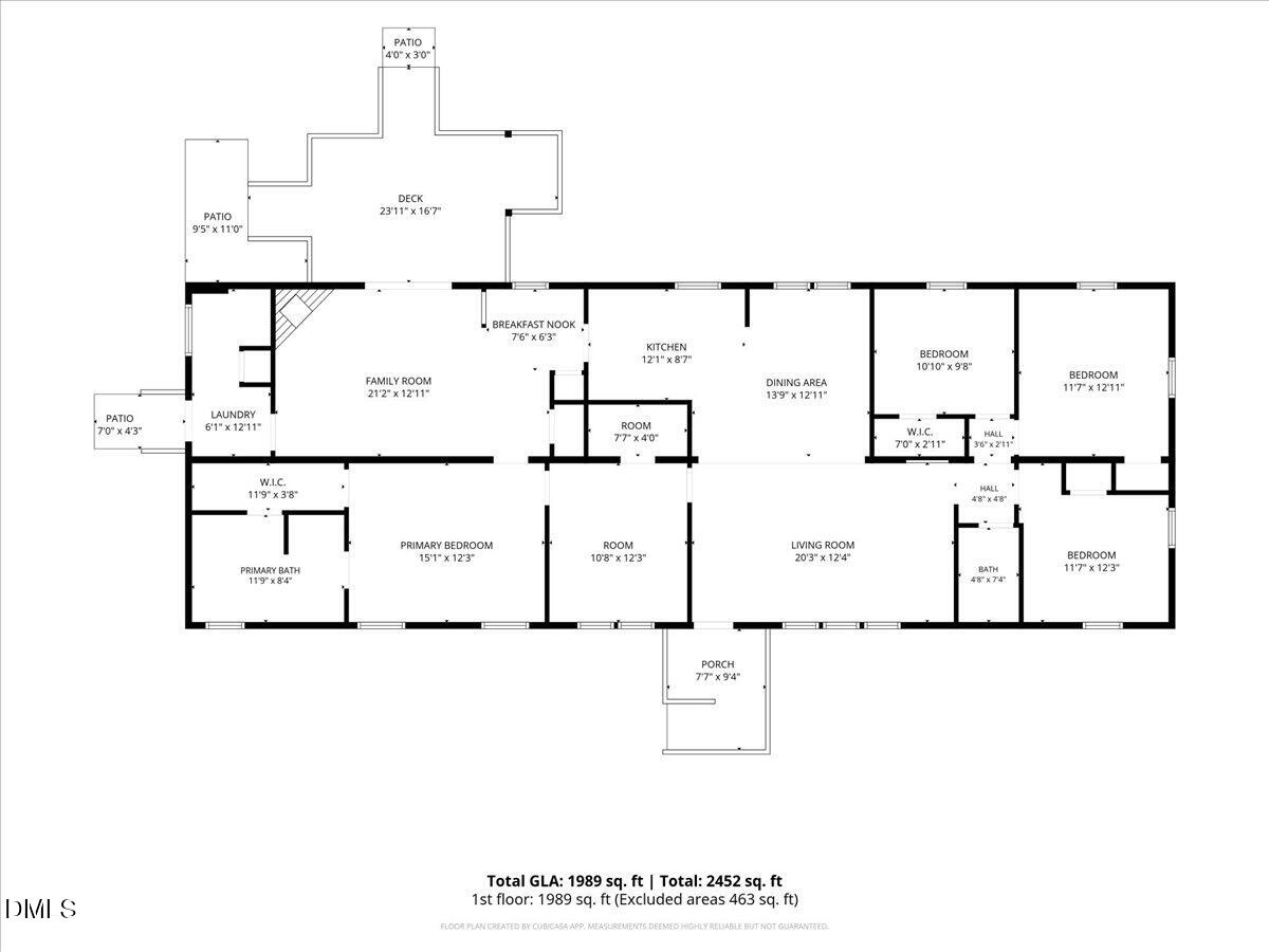 Home floor plan showing four bedrooms, living and family rooms, kitchen, deck, patios, and porch.