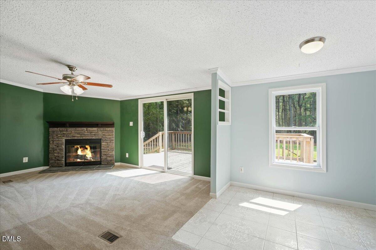 Living room with a stone fireplace, green walls, and sliding doors to a wooden deck.