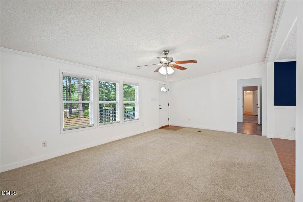 Empty living room with beige carpet, three large windows, and a ceiling fan.