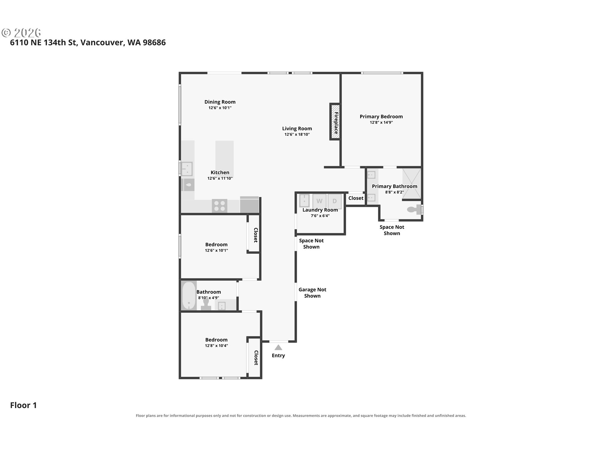 Floor plan showing three bedrooms, two bathrooms, an open living and dining area, kitchen, and laundry room.