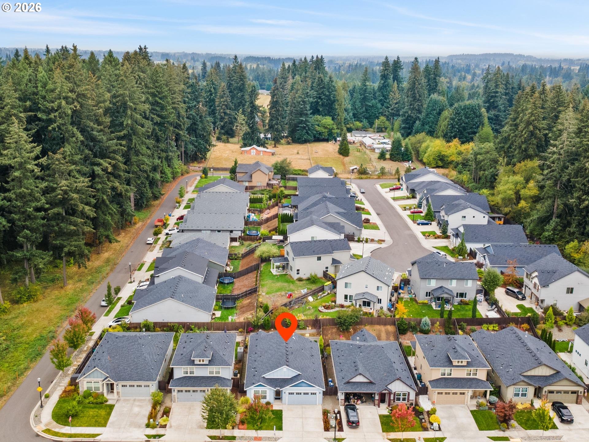 Aerial view of the marked home among neighborhood houses, with a wooded area beyond.