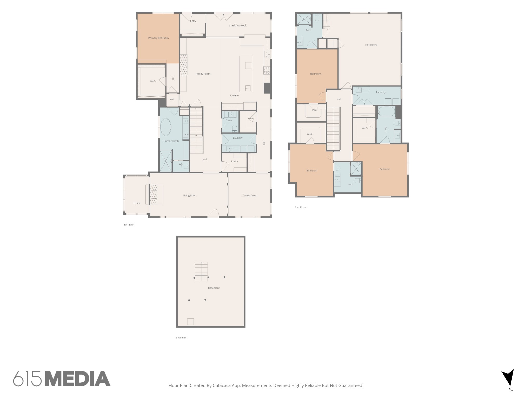 Three-level home floor plan showing labeled rooms, color-coded bedrooms and baths, and an open basement.