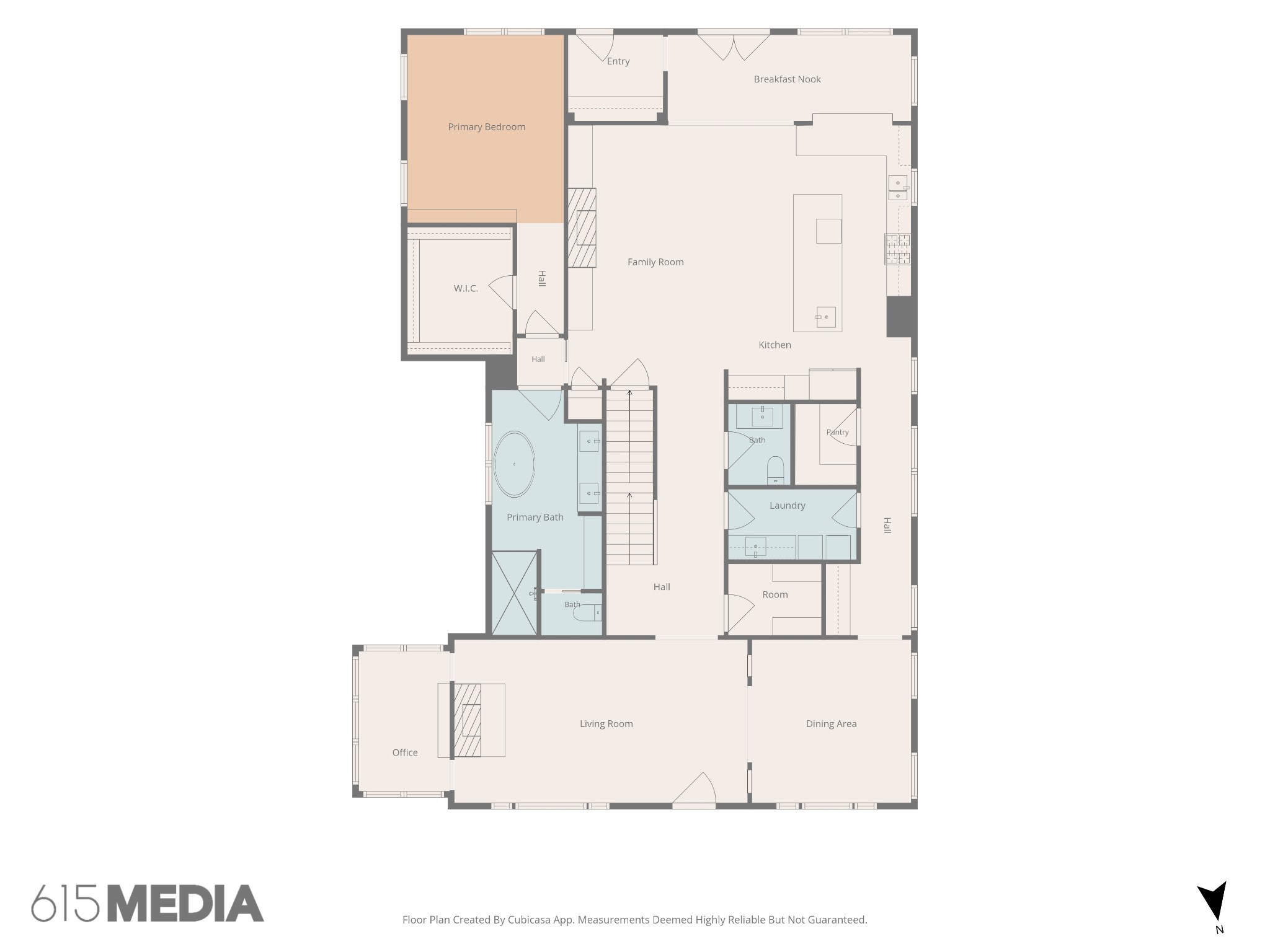 Floor plan showing labeled rooms, including a primary suite, family room, kitchen, office, living room, and dining area.