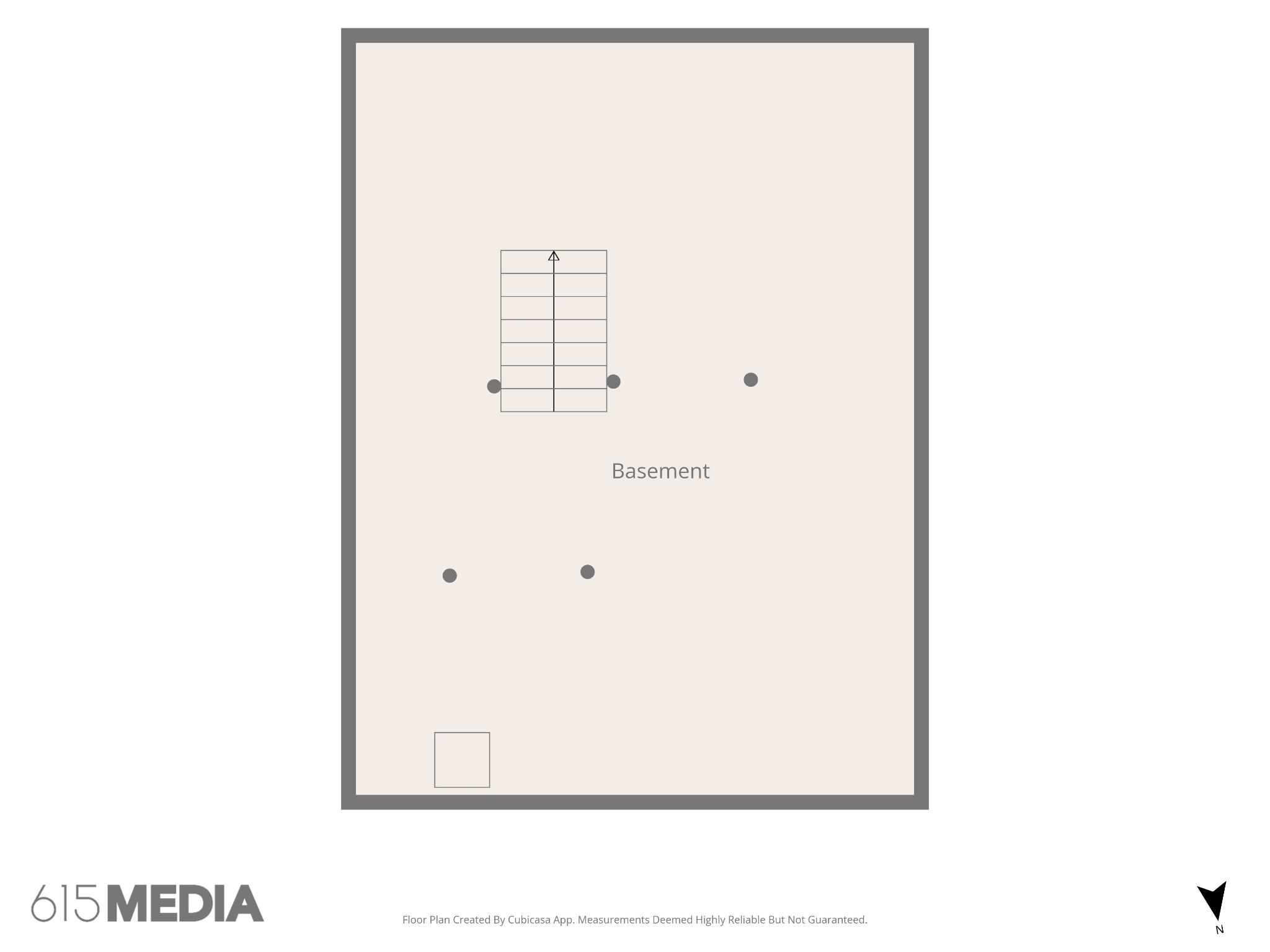 Basement floor plan with a staircase, marked points, and a north arrow.