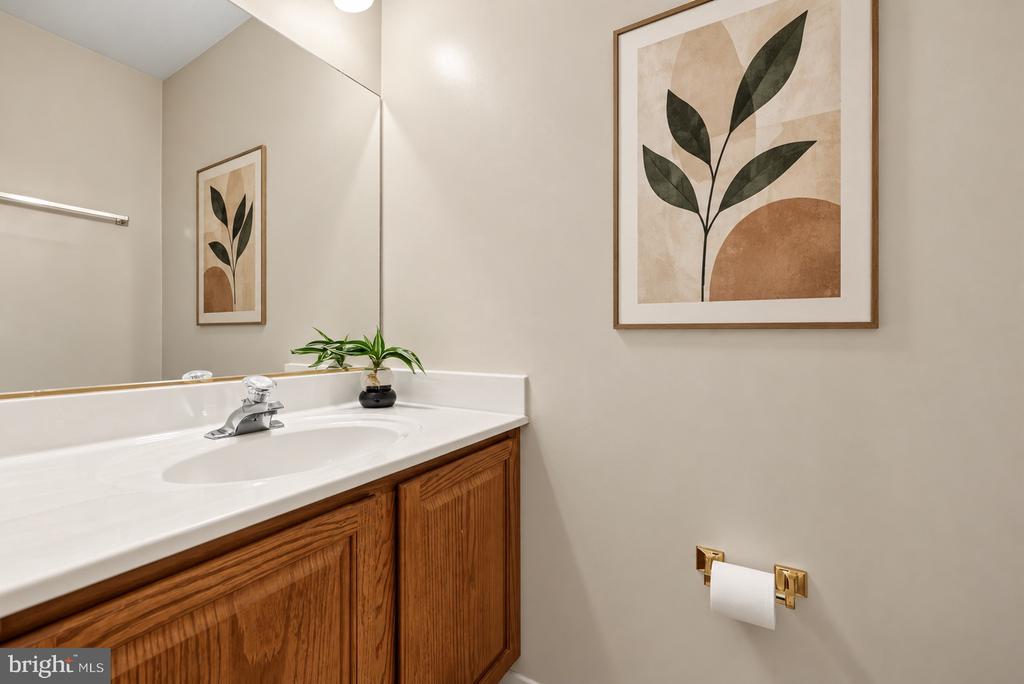 Bathroom vanity with an oval sink, oak cabinetry, and framed botanical artwork.