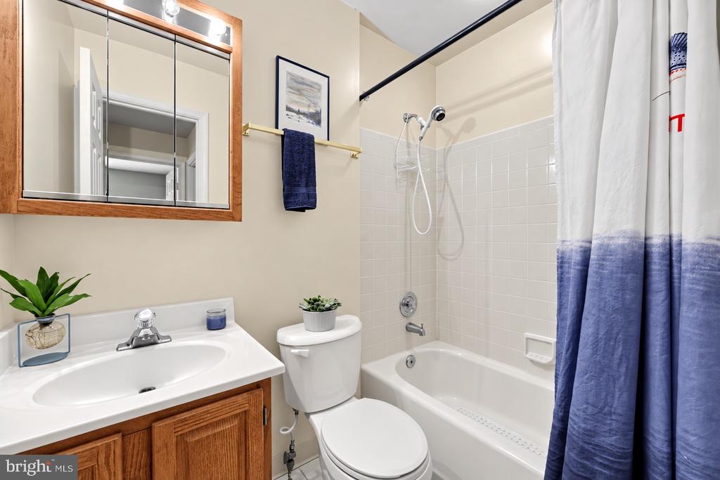 Bathroom with a wood vanity, mirrored cabinet, and white tub behind a blue-and-white shower curtain.