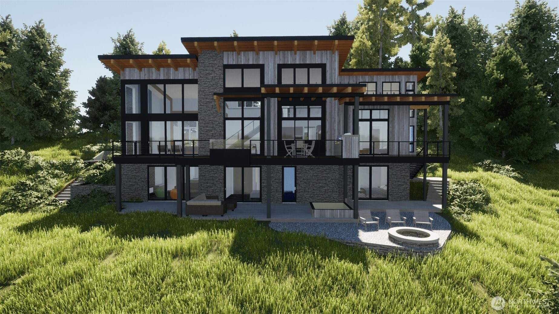 Modern multilevel home with broad decks, expansive windows, and a patio fire pit.