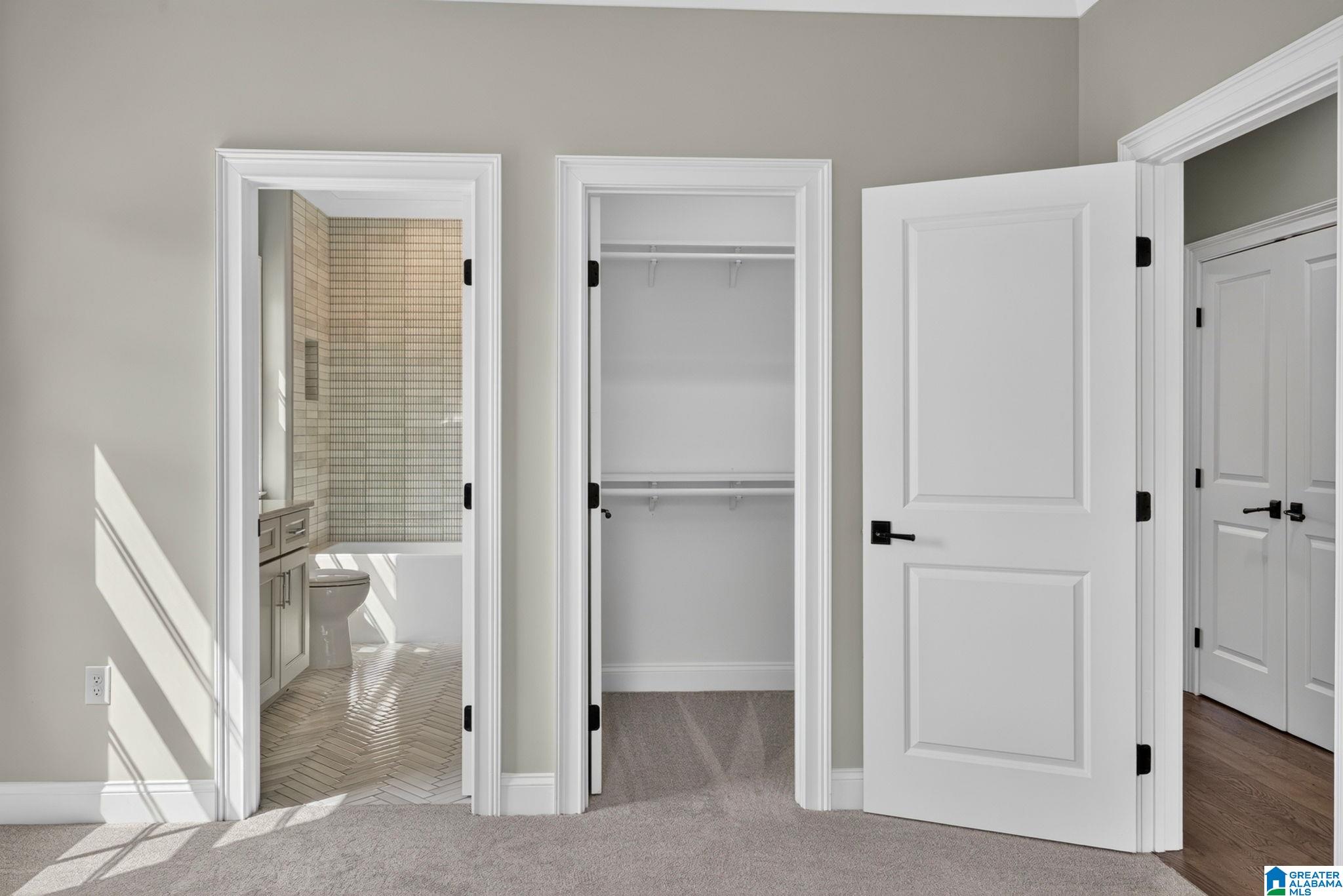 Empty carpeted closet beside a bathroom with a tiled shower and herringbone floor.