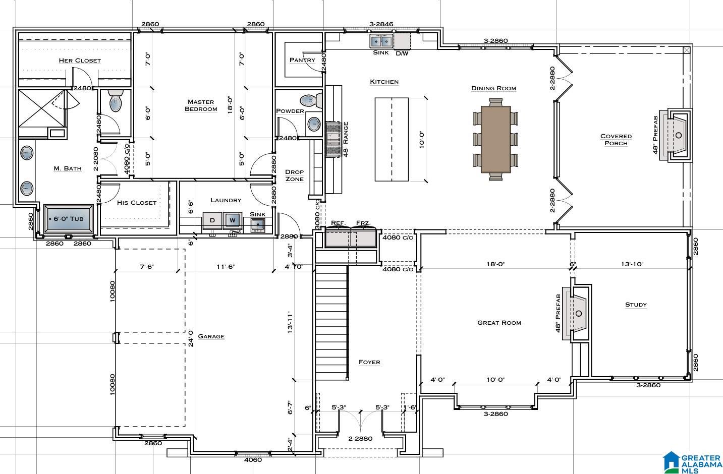Home floor plan showing the master suite, kitchen, dining room, covered porch, garage, great room, and study.