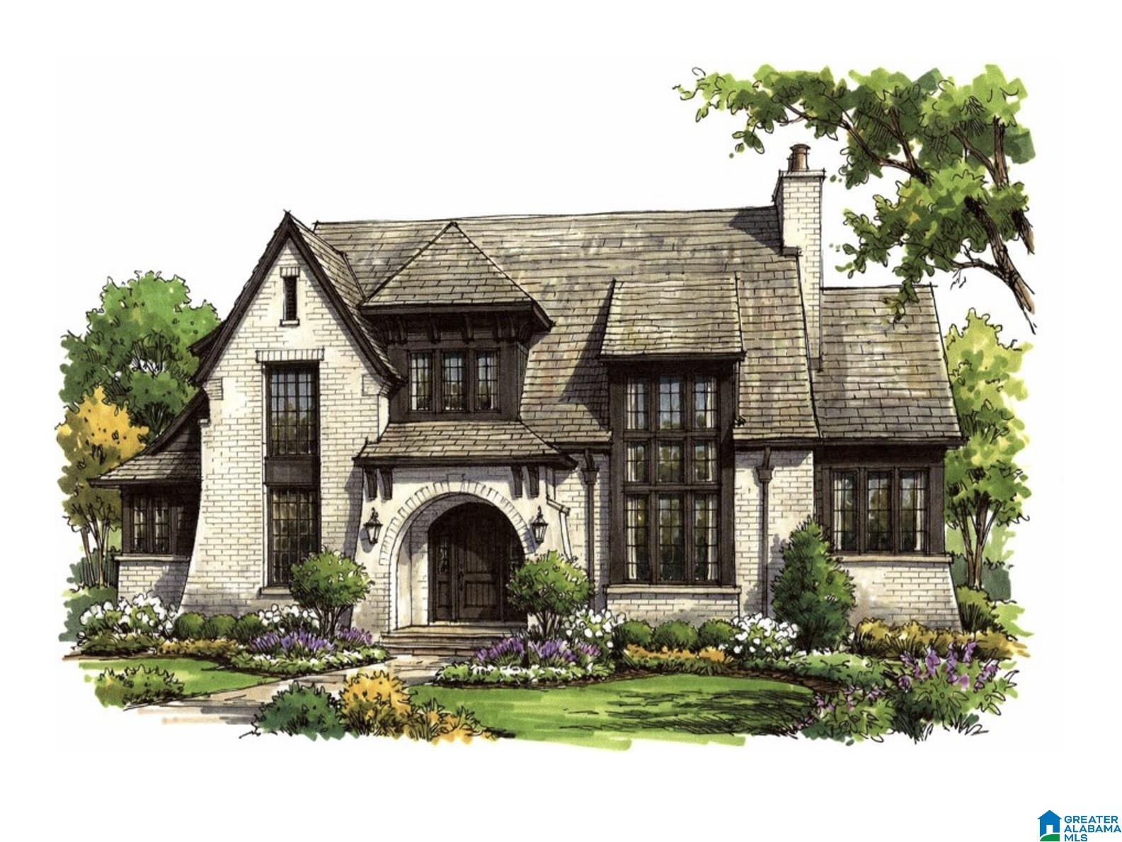 Illustrated two-story brick house with steep shingle roofs, an arched entry, and landscaped gardens.