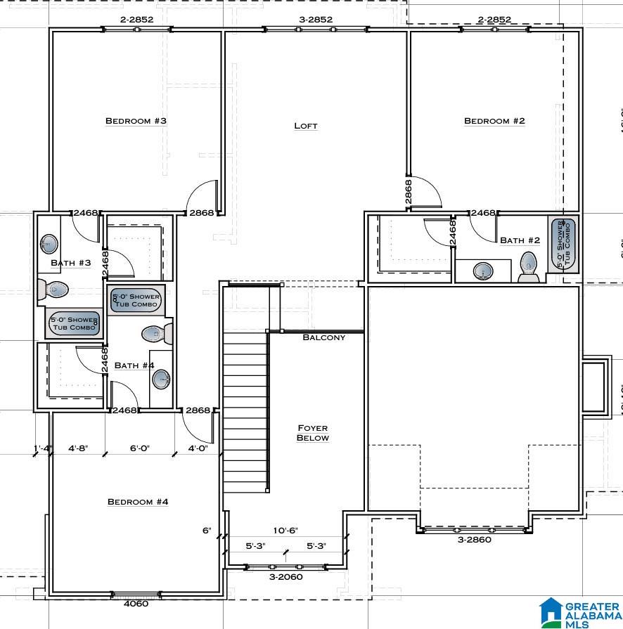 Floor plan with three bedrooms, a loft, three bathrooms, a balcony, and stairs beside a foyer below.