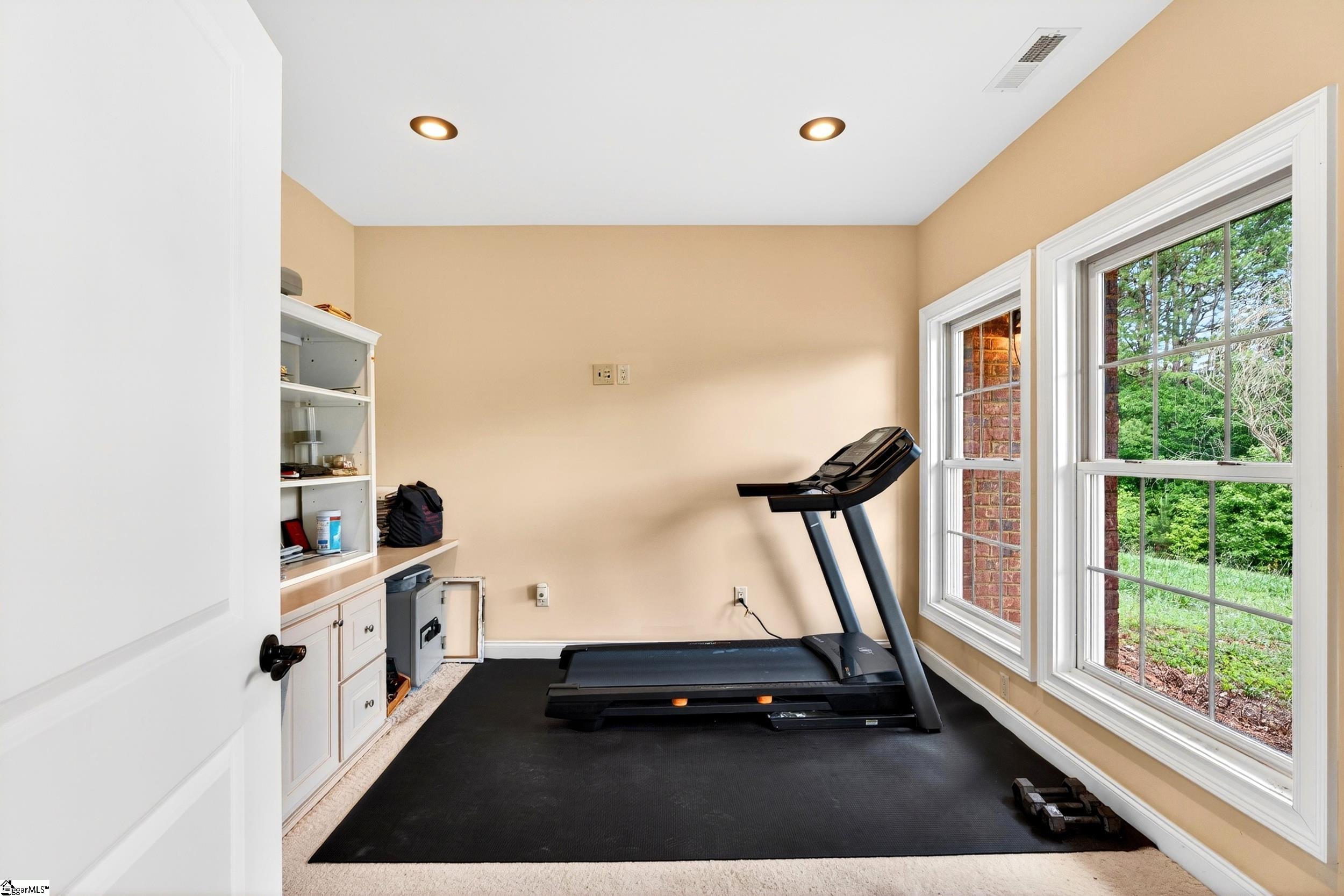Home exercise room with a treadmill, dumbbells, and large windows overlooking greenery.