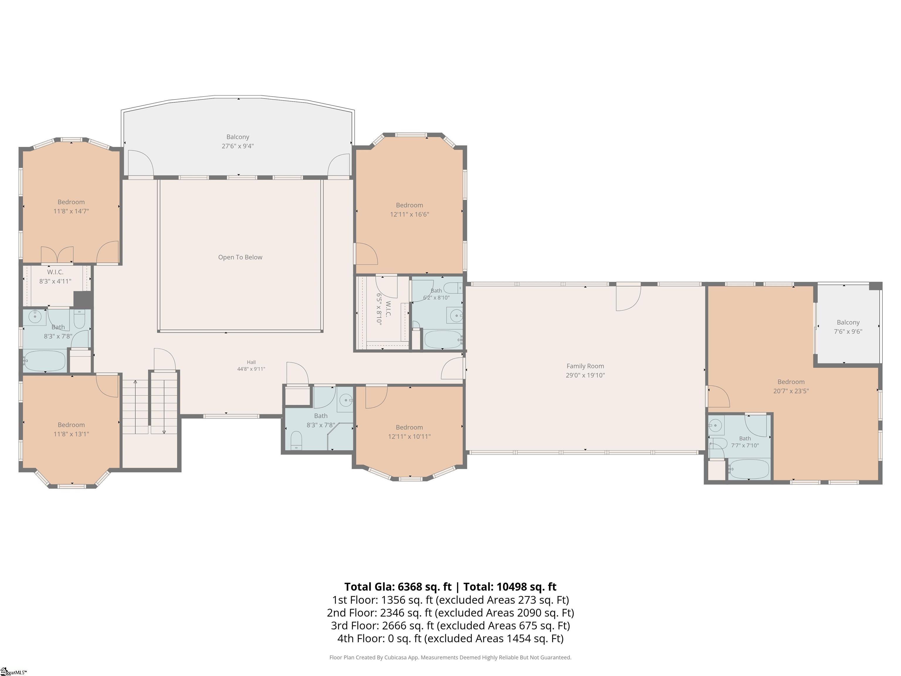 Multi-level home floor plan showing bedrooms, balconies, bathrooms, and an open-to-below area.