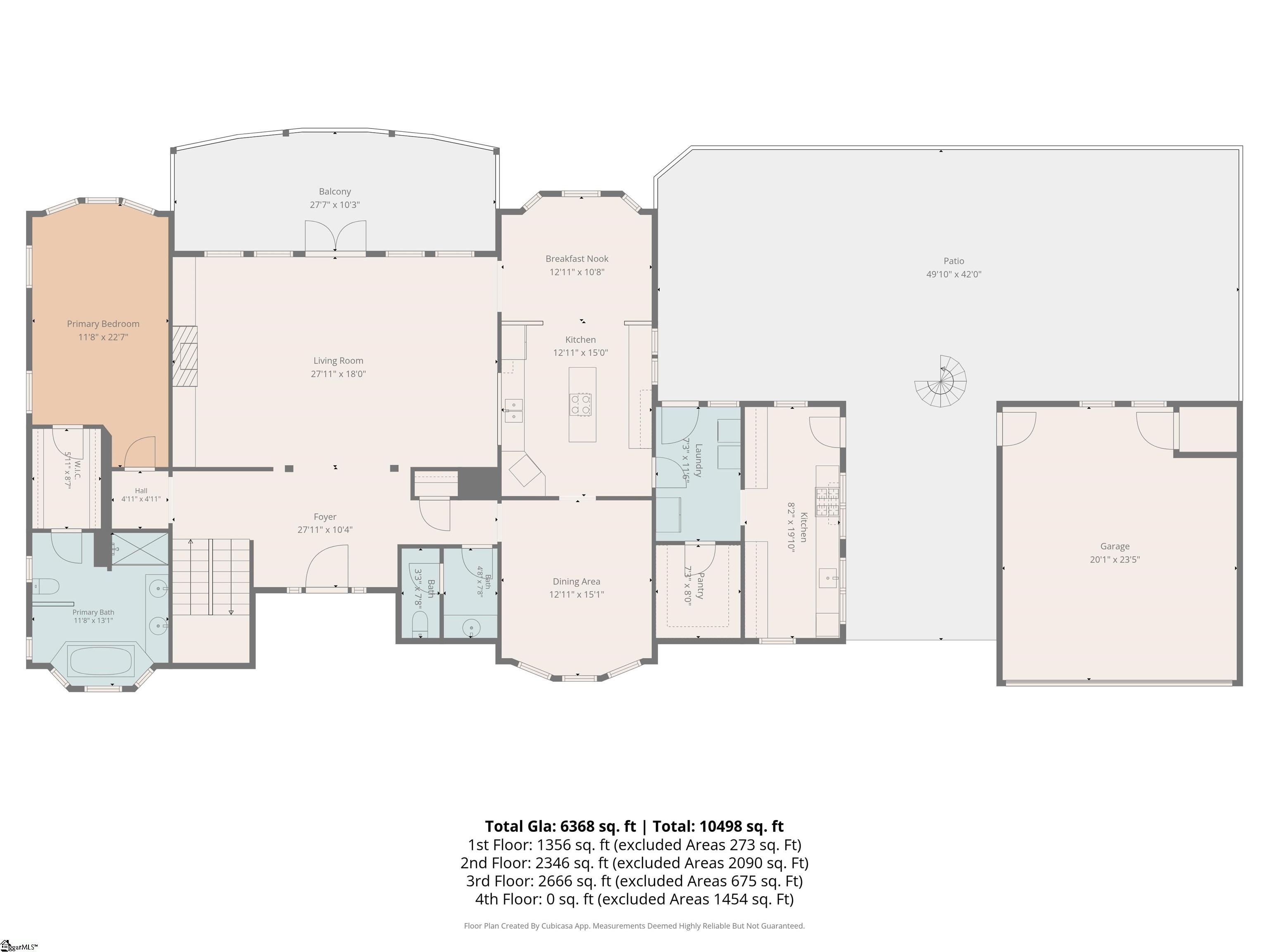 Floor plan showing labeled rooms, a large patio and garage, with room dimensions and floor-area totals.
