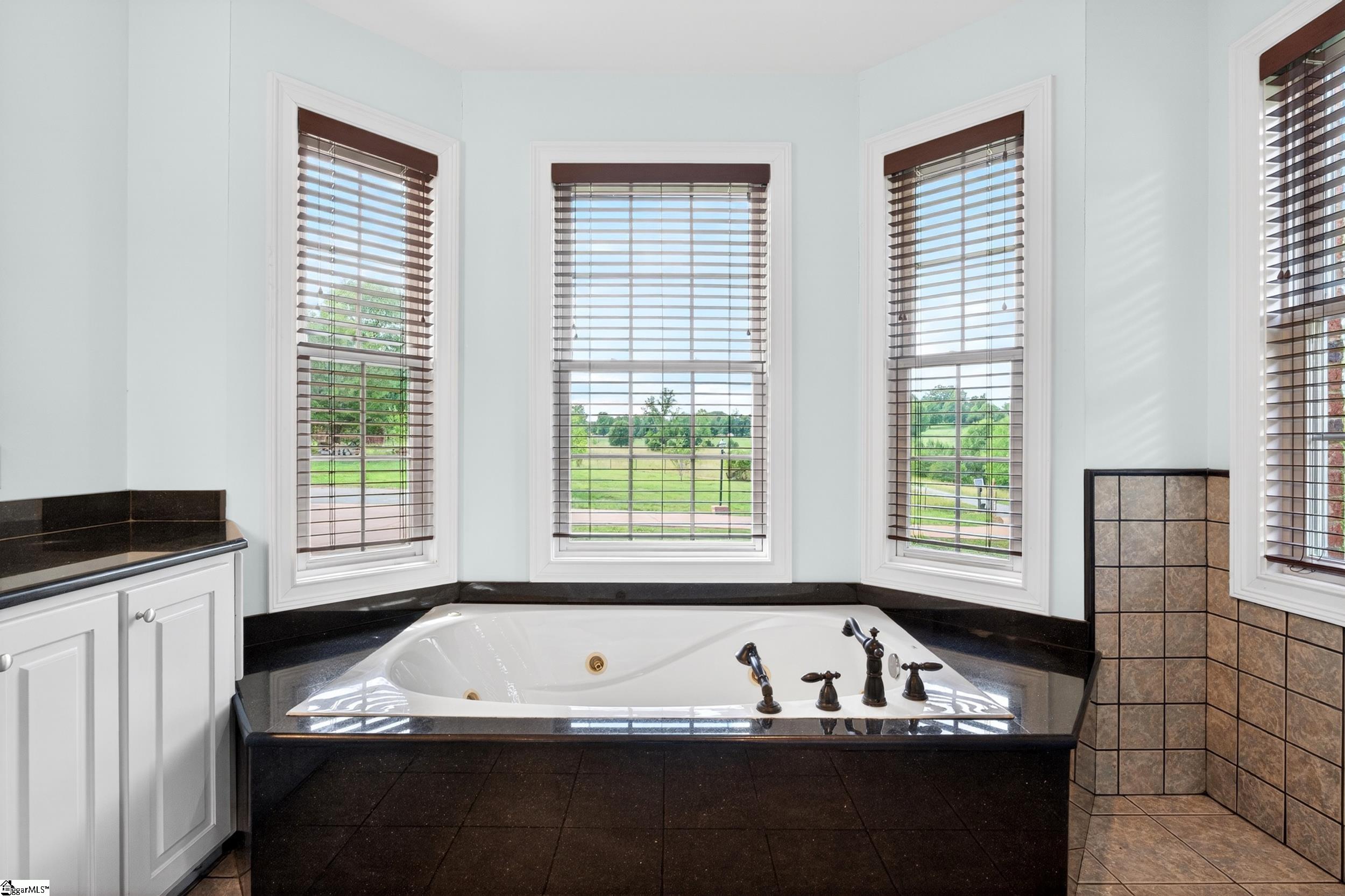 Bathroom with a built-in soaking tub beneath tall windows overlooking a green yard.