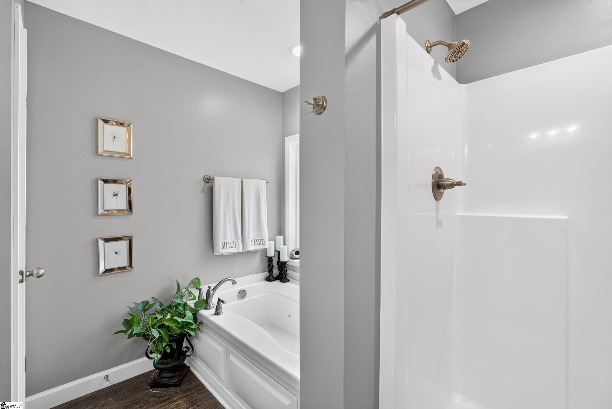 Bathroom with a white bathtub, bronze shower fixtures, framed prints, and a potted plant.
