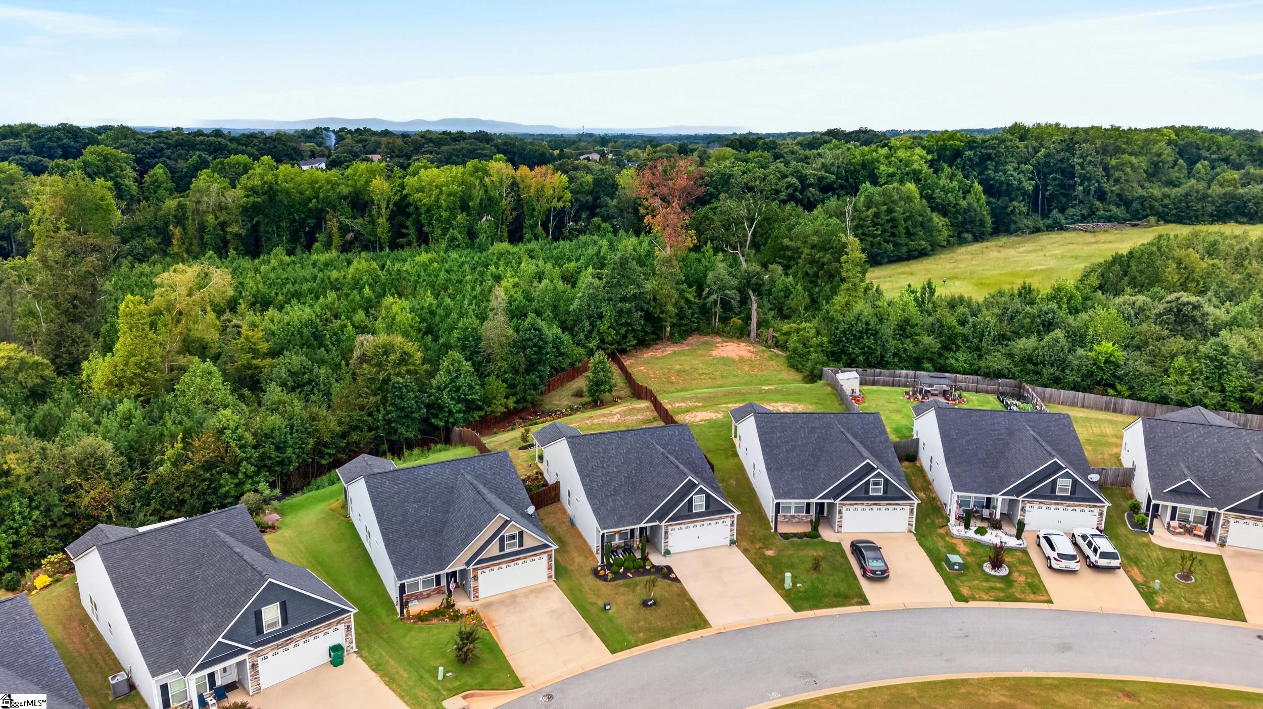 Aerial view of homes on a curved street beside dense woods and distant hills.