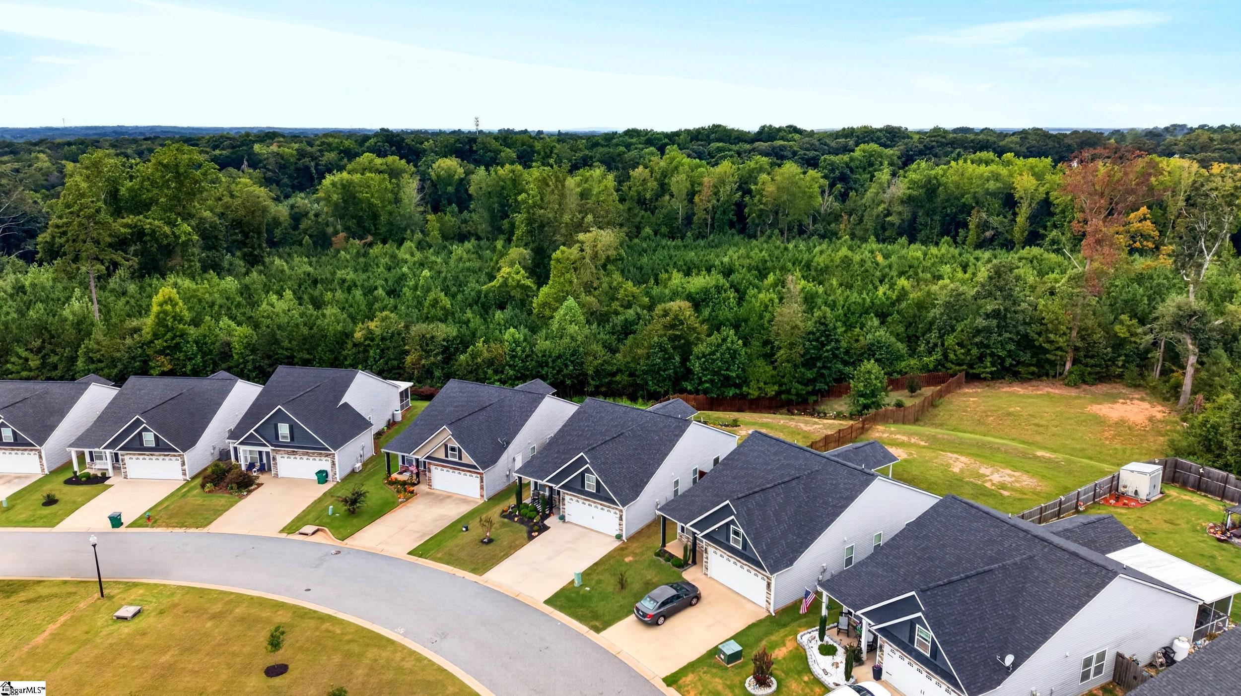 Aerial view of detached homes along a curved street beside dense woods.