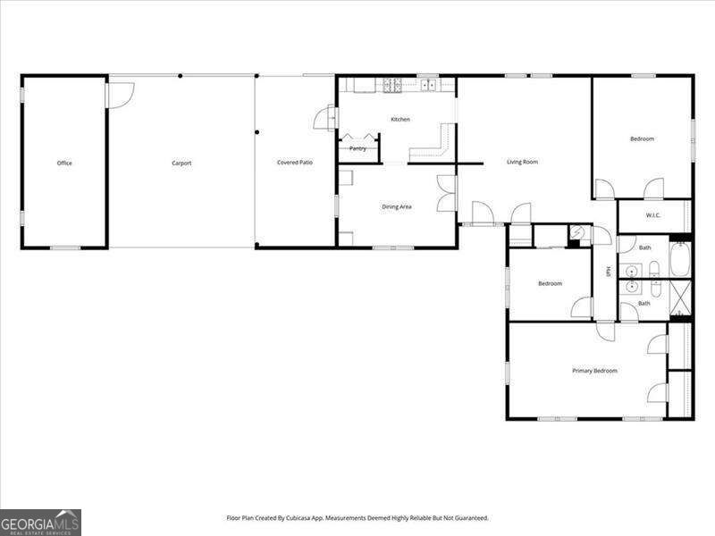 Floor plan showing an office, carport, covered patio, living areas, three bedrooms, and bathrooms.