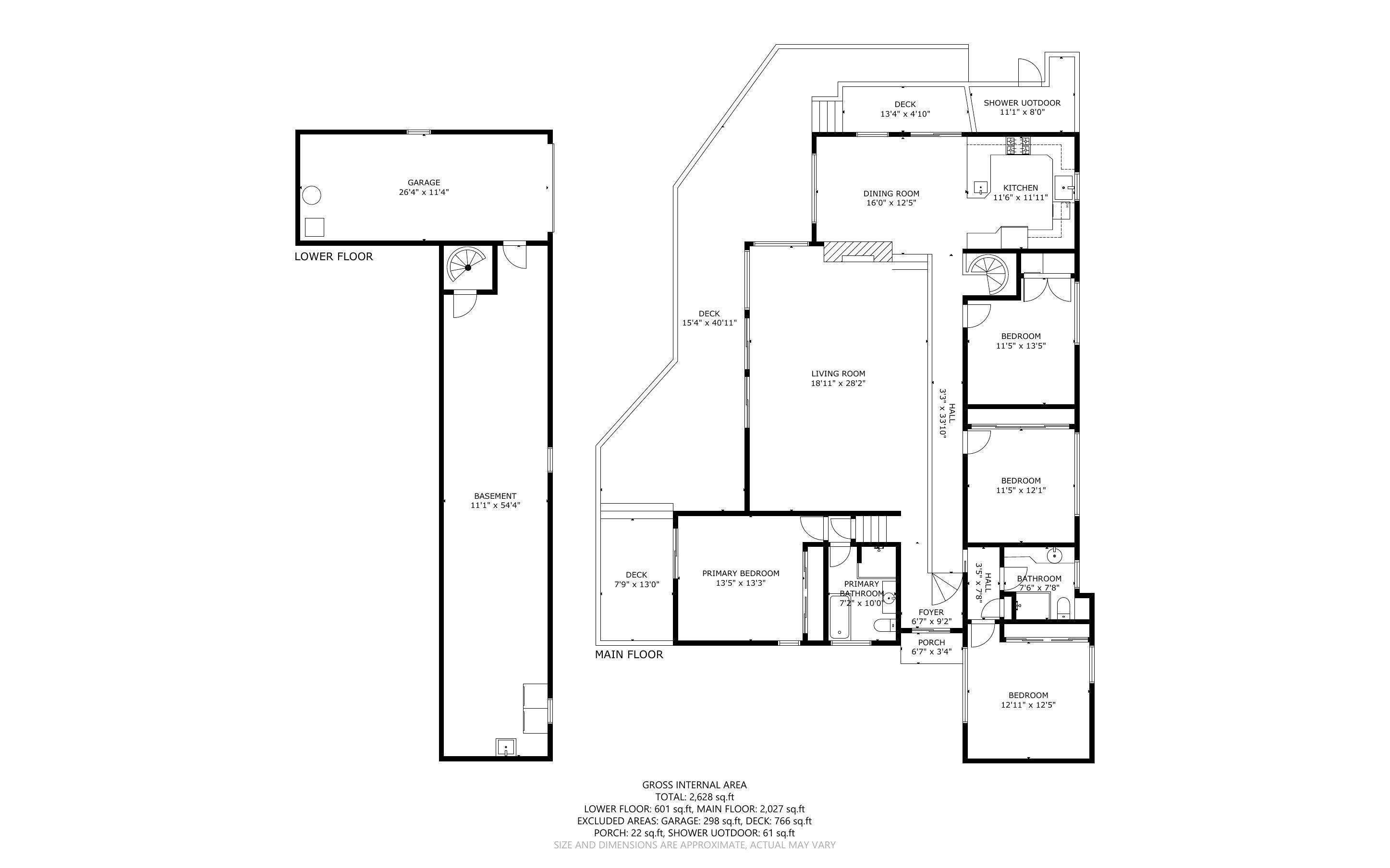 Floor plan showing the home's lower and main floors, with four bedrooms, living areas, decks, garage, and basement.