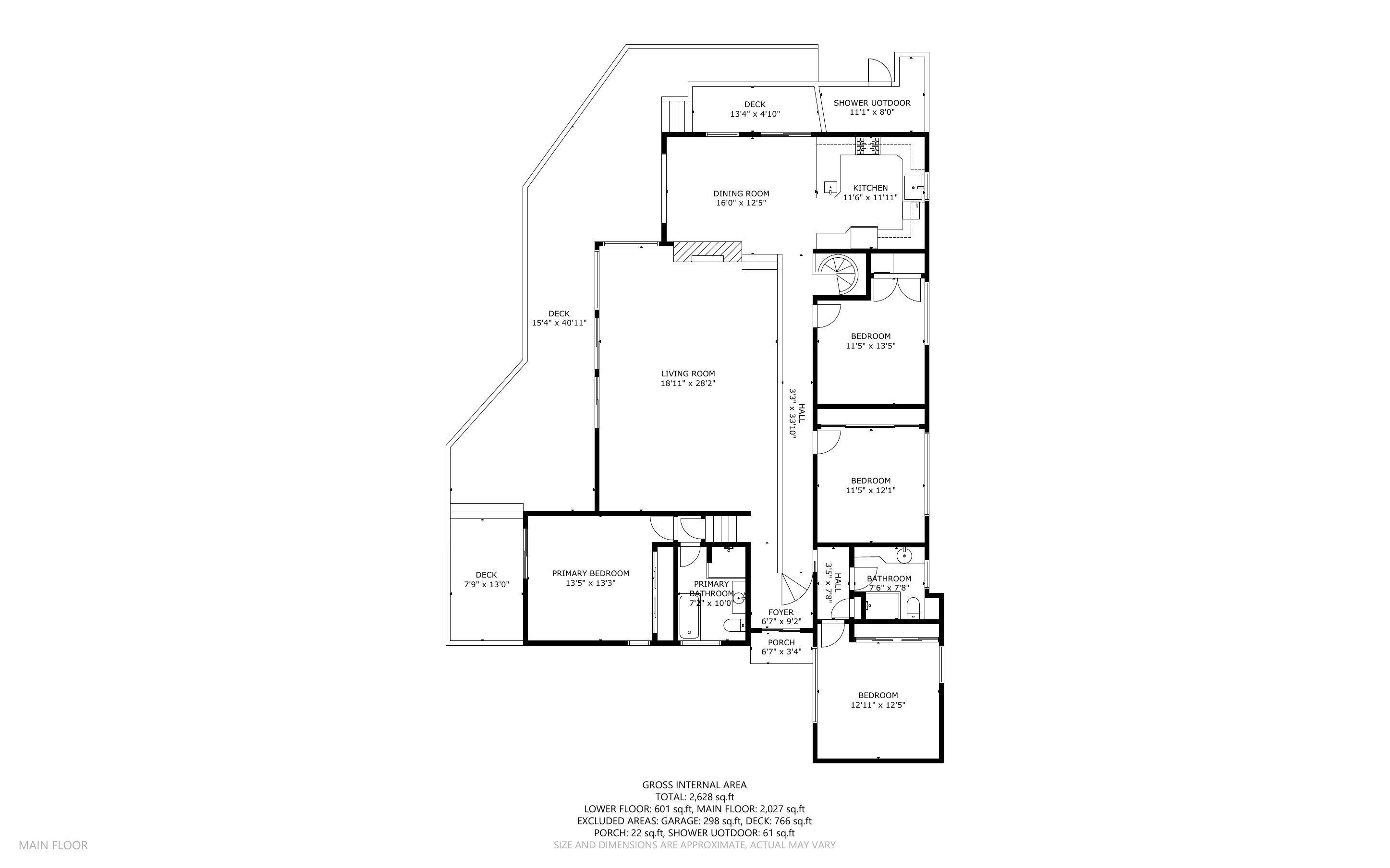 Main-floor plan showing four bedrooms, living and dining rooms, kitchen, bathrooms, decks, and an outdoor shower.