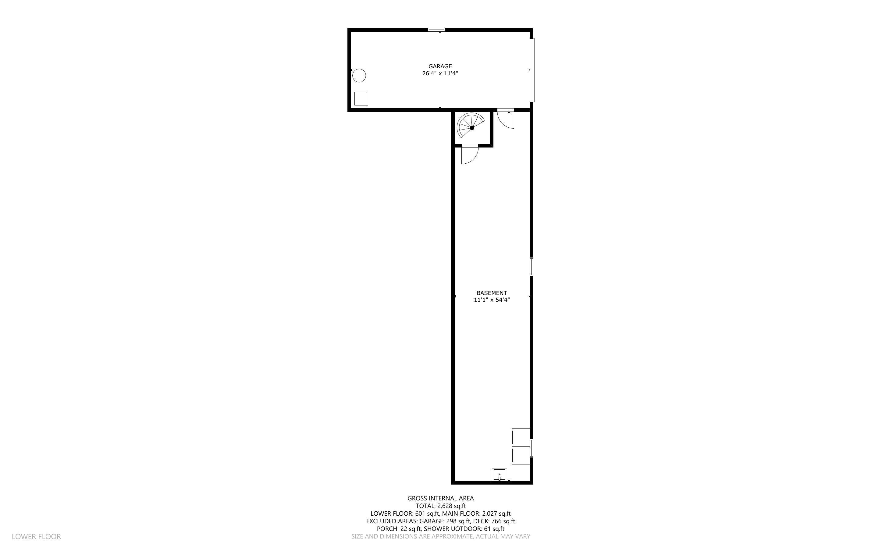 Lower-floor plan showing a garage and long basement, with room dimensions and area totals.