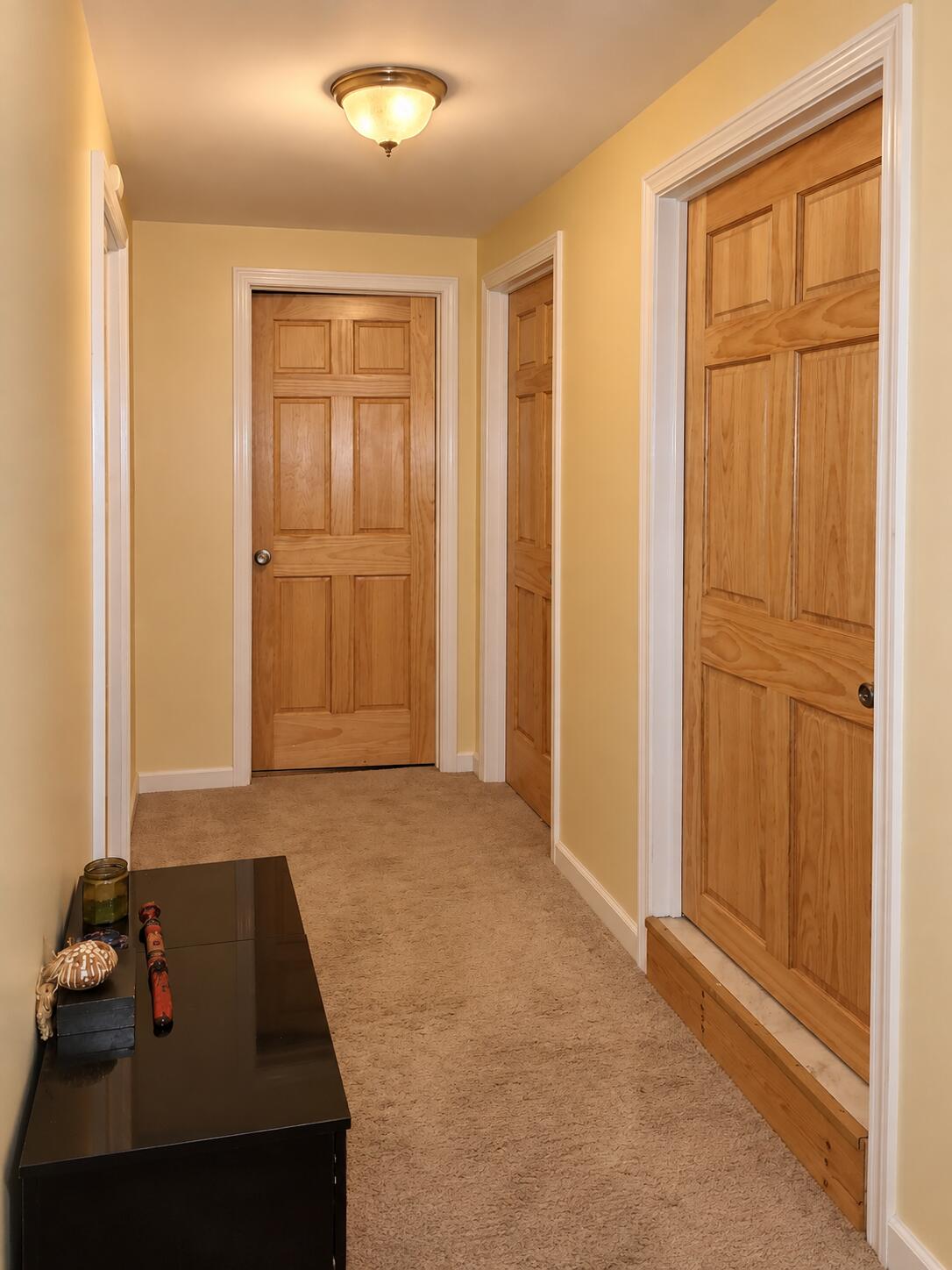 Hallway with beige carpet, yellow walls, and several natural wood doors.