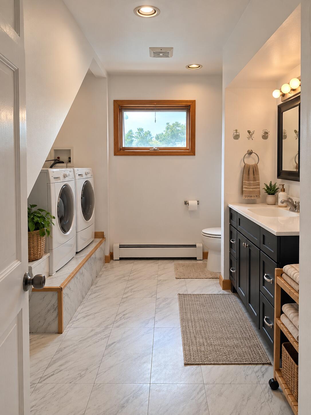 Bathroom and laundry room with a dark vanity, marble-look tile, and front-loading washer and dryer.