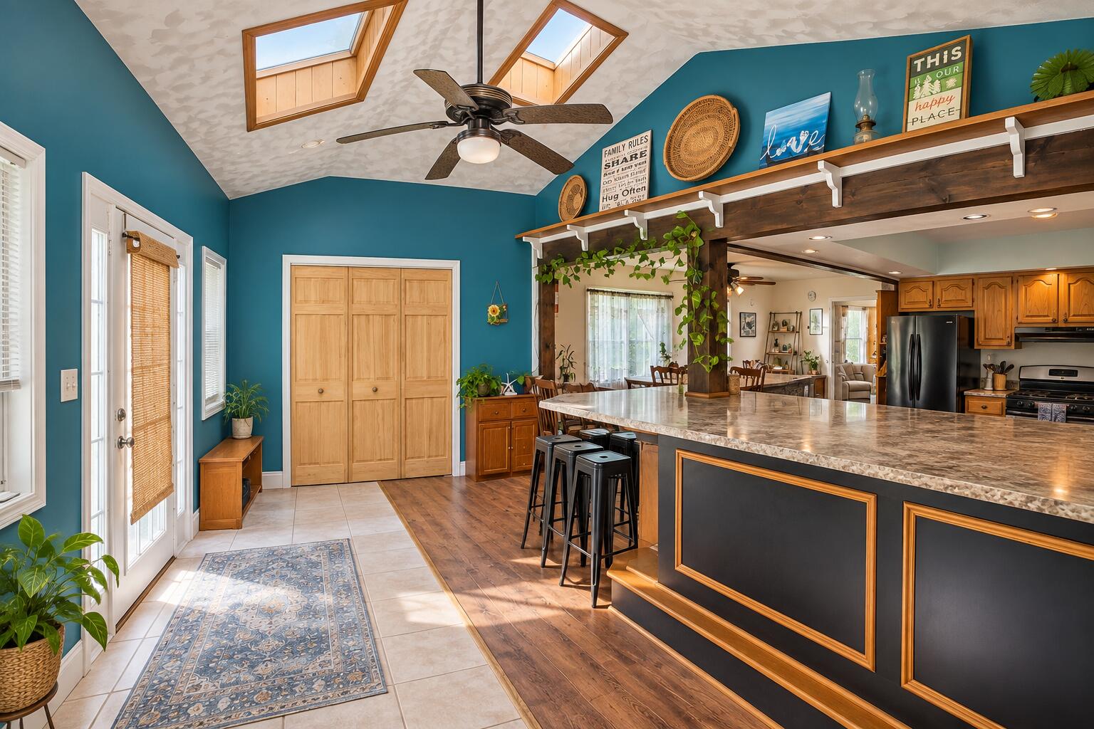 Open kitchen with teal walls, vaulted skylit ceiling, and a large island with black stools.