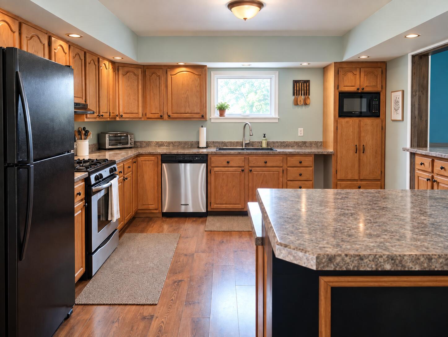 Kitchen with warm wood cabinetry, a large stone-patterned island, and a window above the sink.