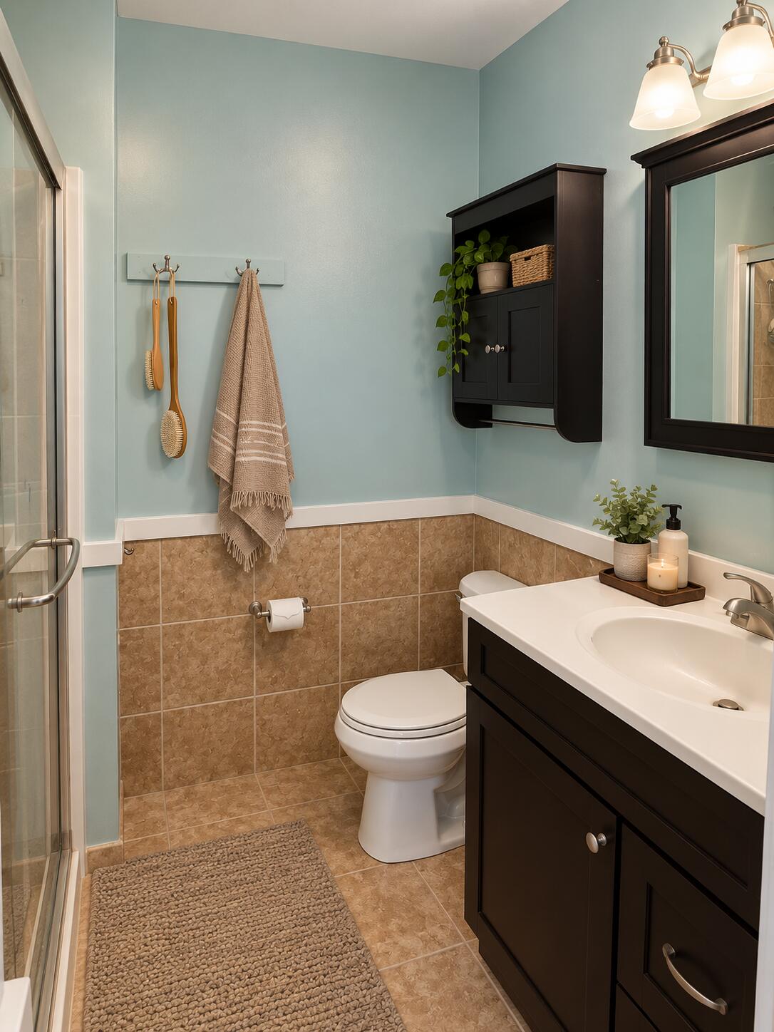Bathroom with a dark wood vanity and cabinet, tan tile, and pale blue walls.