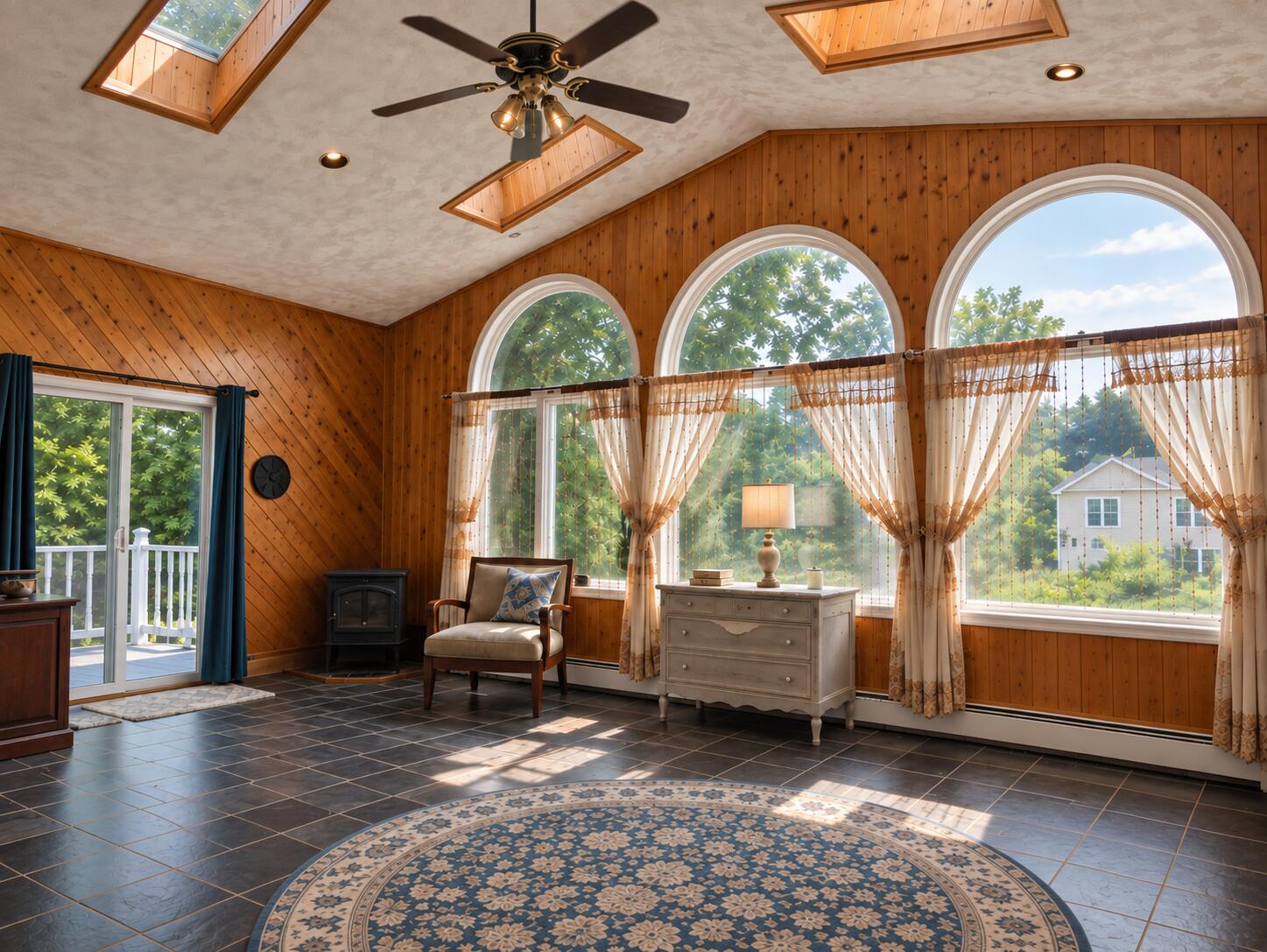 Furnished sunroom with arched windows, wood-paneled walls, and skylights.