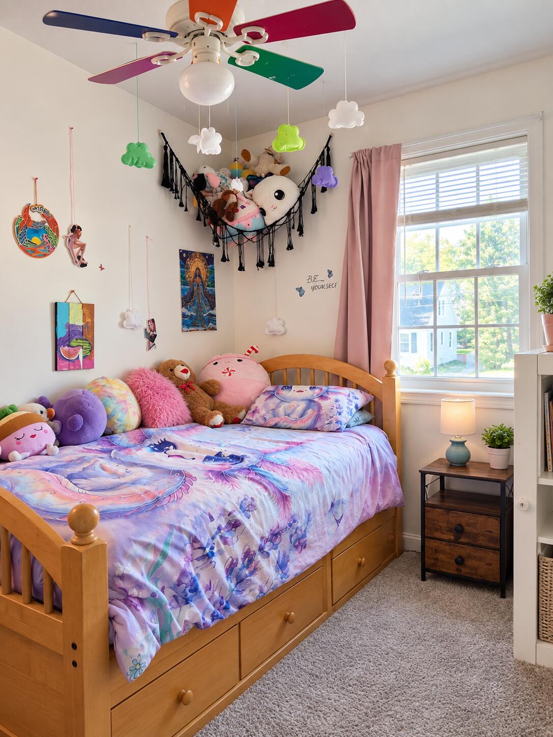 Child's bedroom with a wooden storage bed, mermaid bedding, plush toys, and colorful ceiling fan.