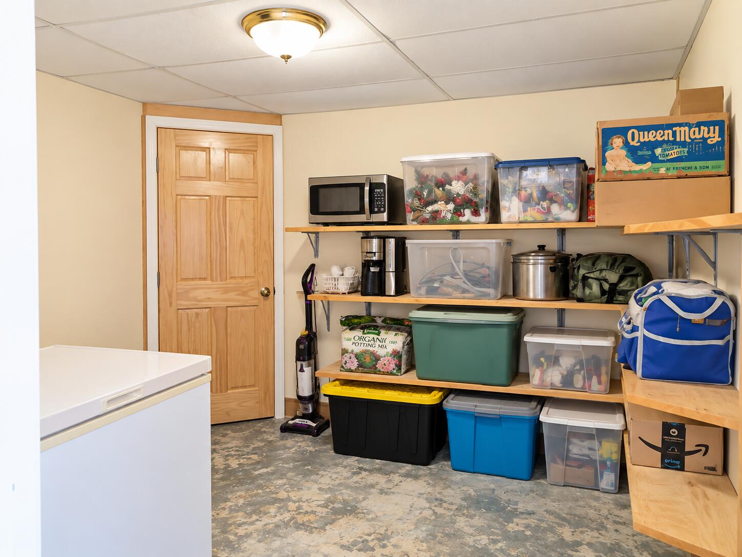 Basement storage room with open shelves of bins, appliances, cookware, and boxes.