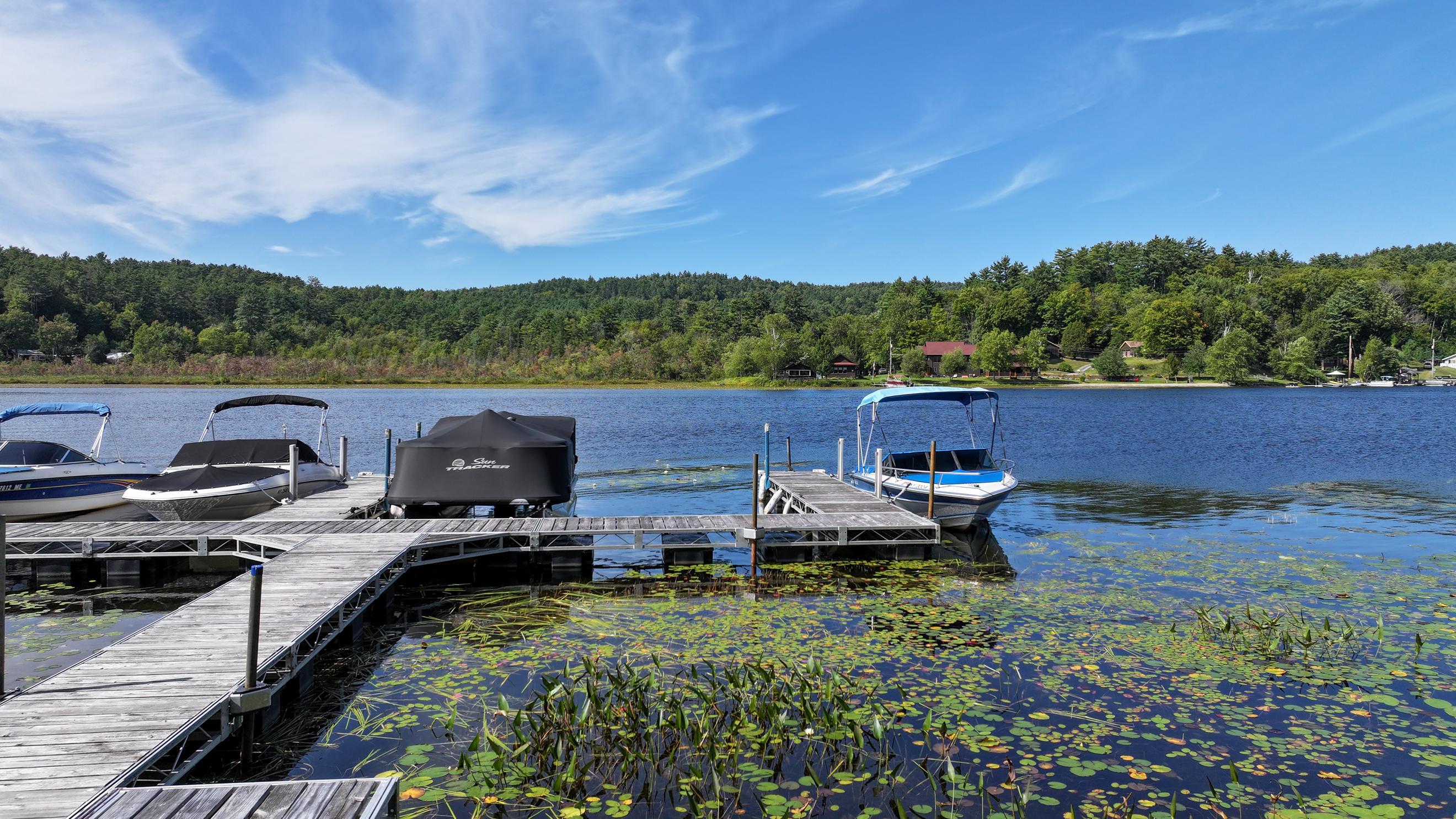Lakefront dock with moored boats, lily pads, and a wooded shoreline.