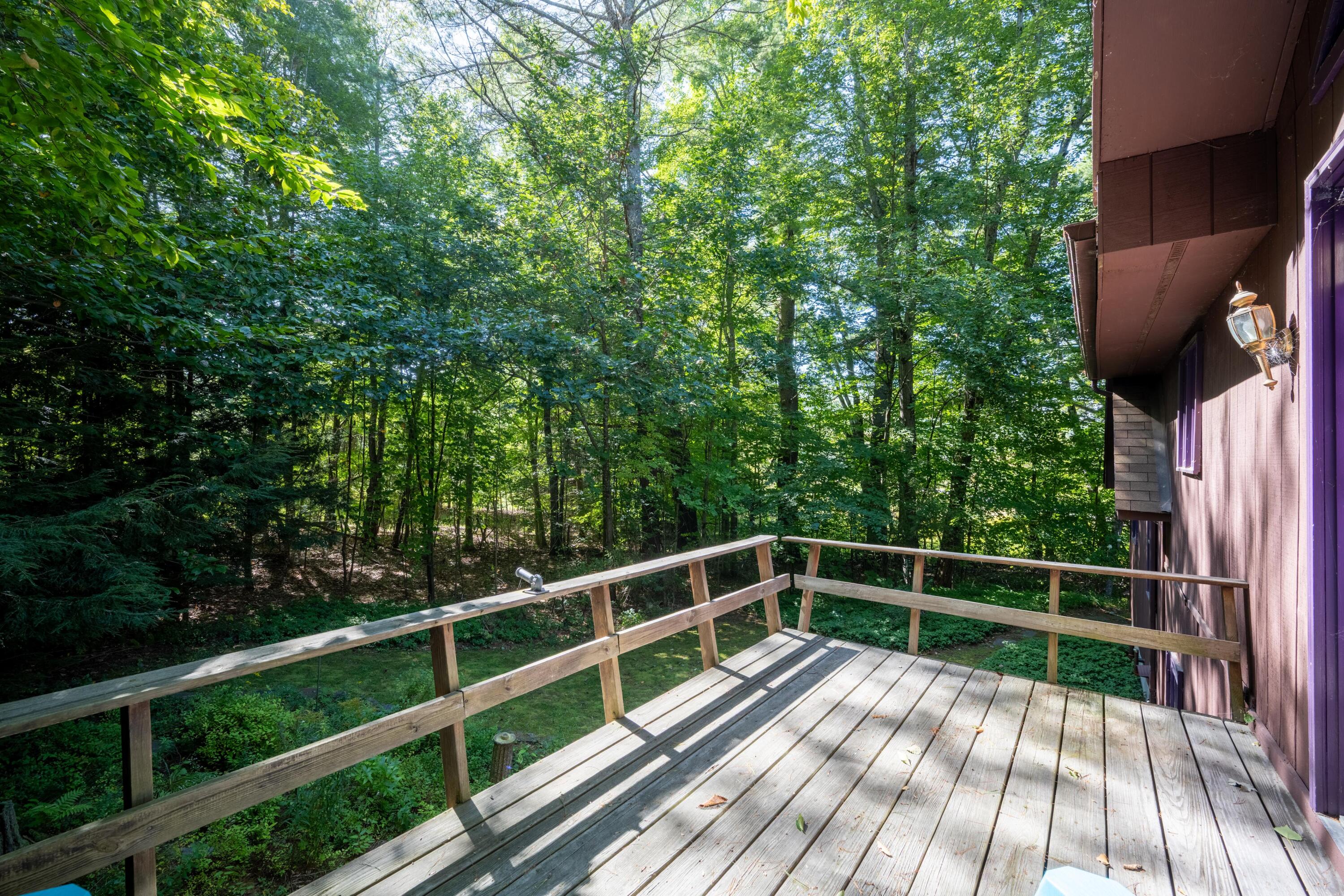 Wooden deck with railings overlooking dense woodland beside the house.
