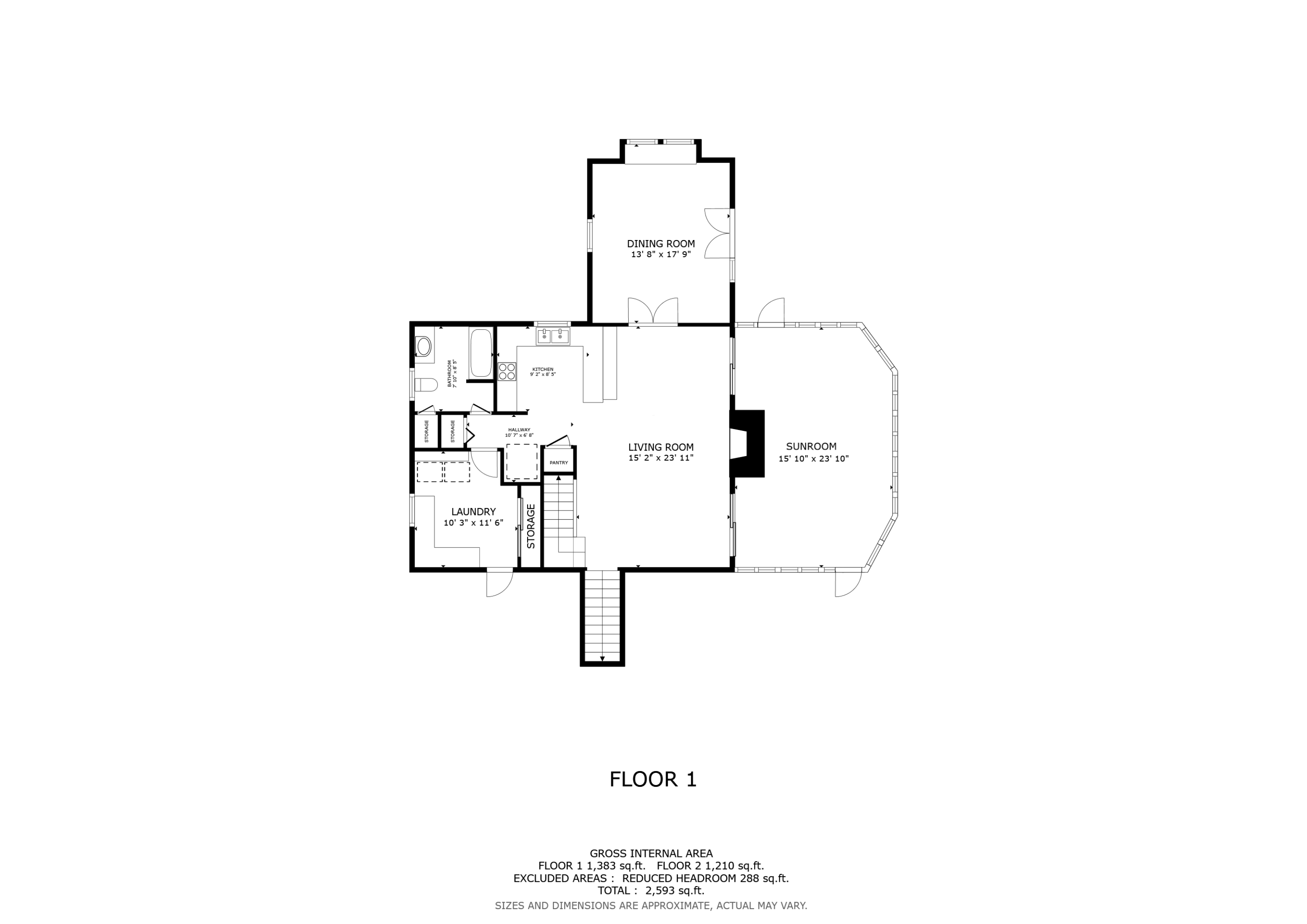 First-floor plan with living room, kitchen, dining room, and large sunroom.