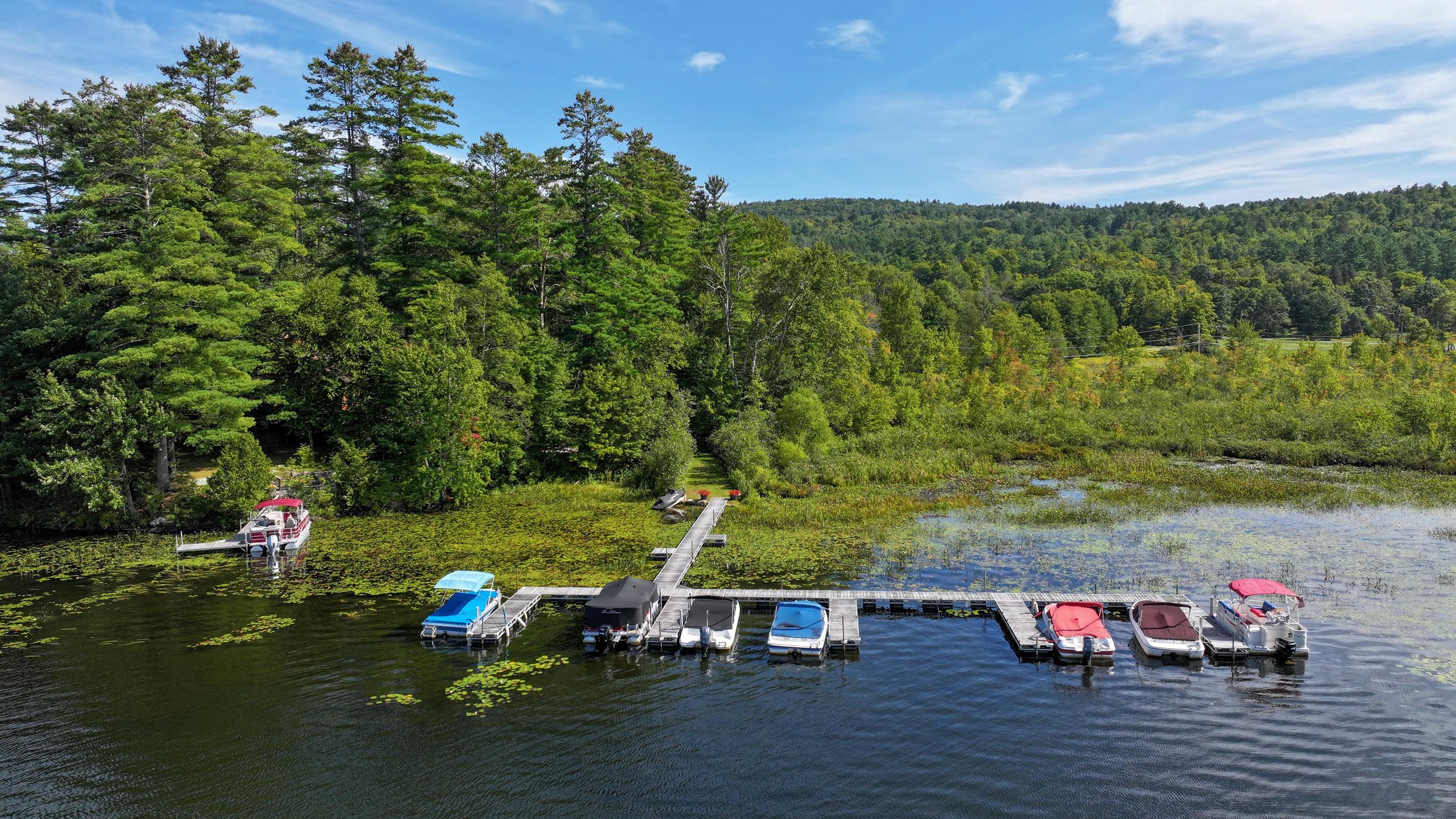 Aerial view of a wooded Brant Lake shoreline with a long dock and boats.
