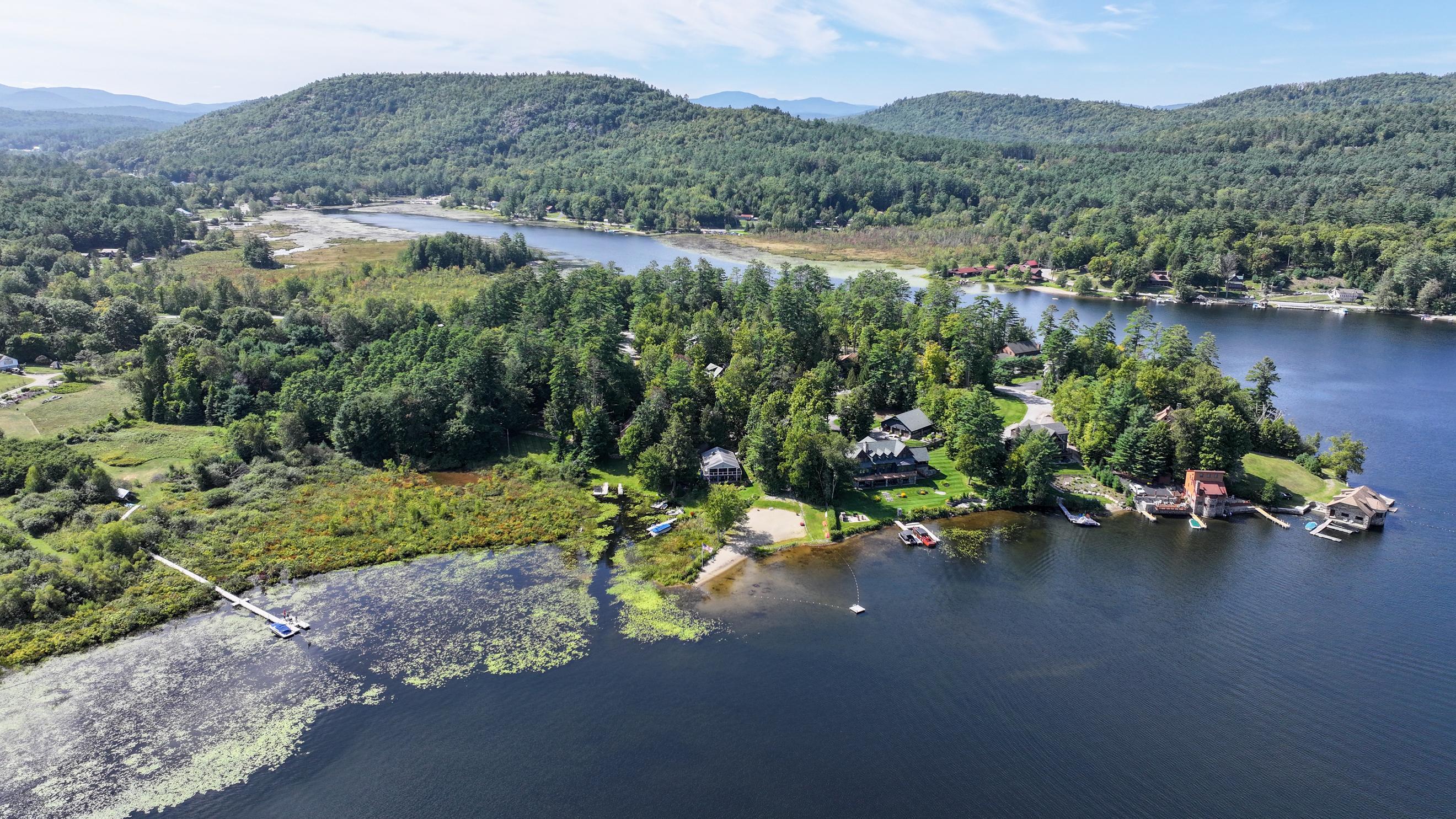 Aerial view of lakeside homes, docks, and wetlands beside a forested lake.
