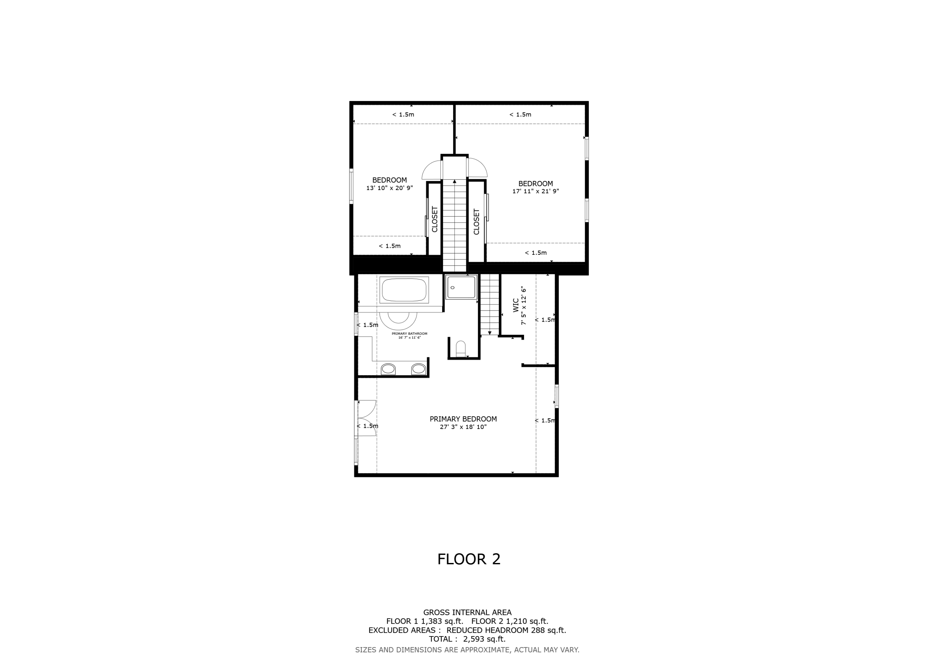 Second-floor plan with a primary suite, two bedrooms, closets, and stairs.