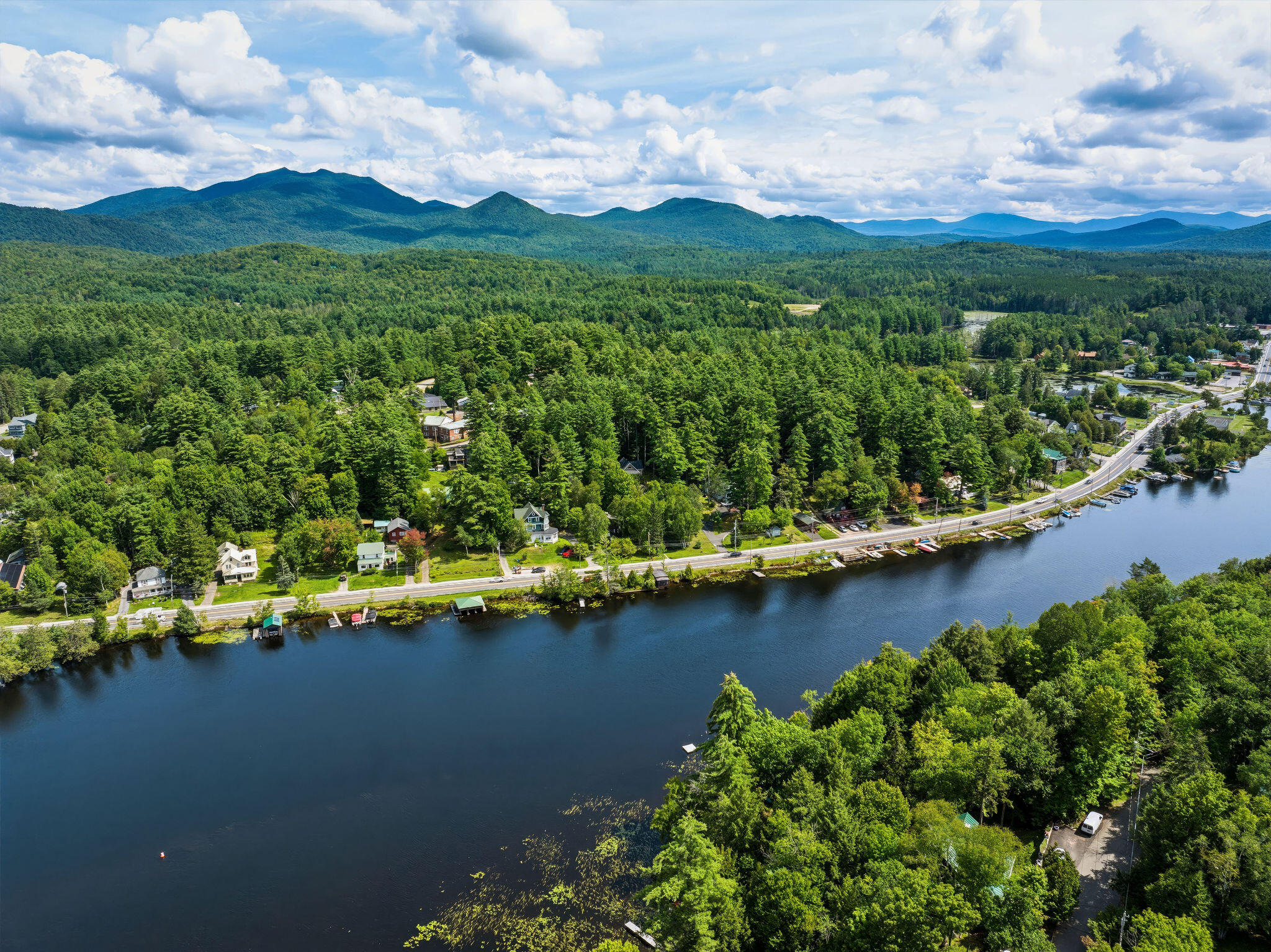 Aerial view of a lakeside neighborhood with a wooded shore and distant mountains.