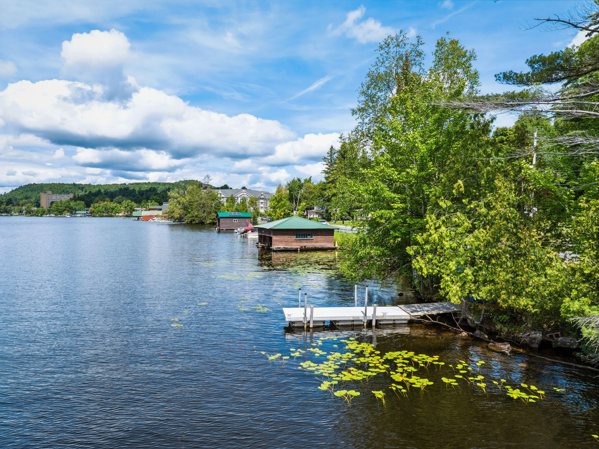 Lakefront view with a dock, boathouses, wooded shoreline, and lily pads.
