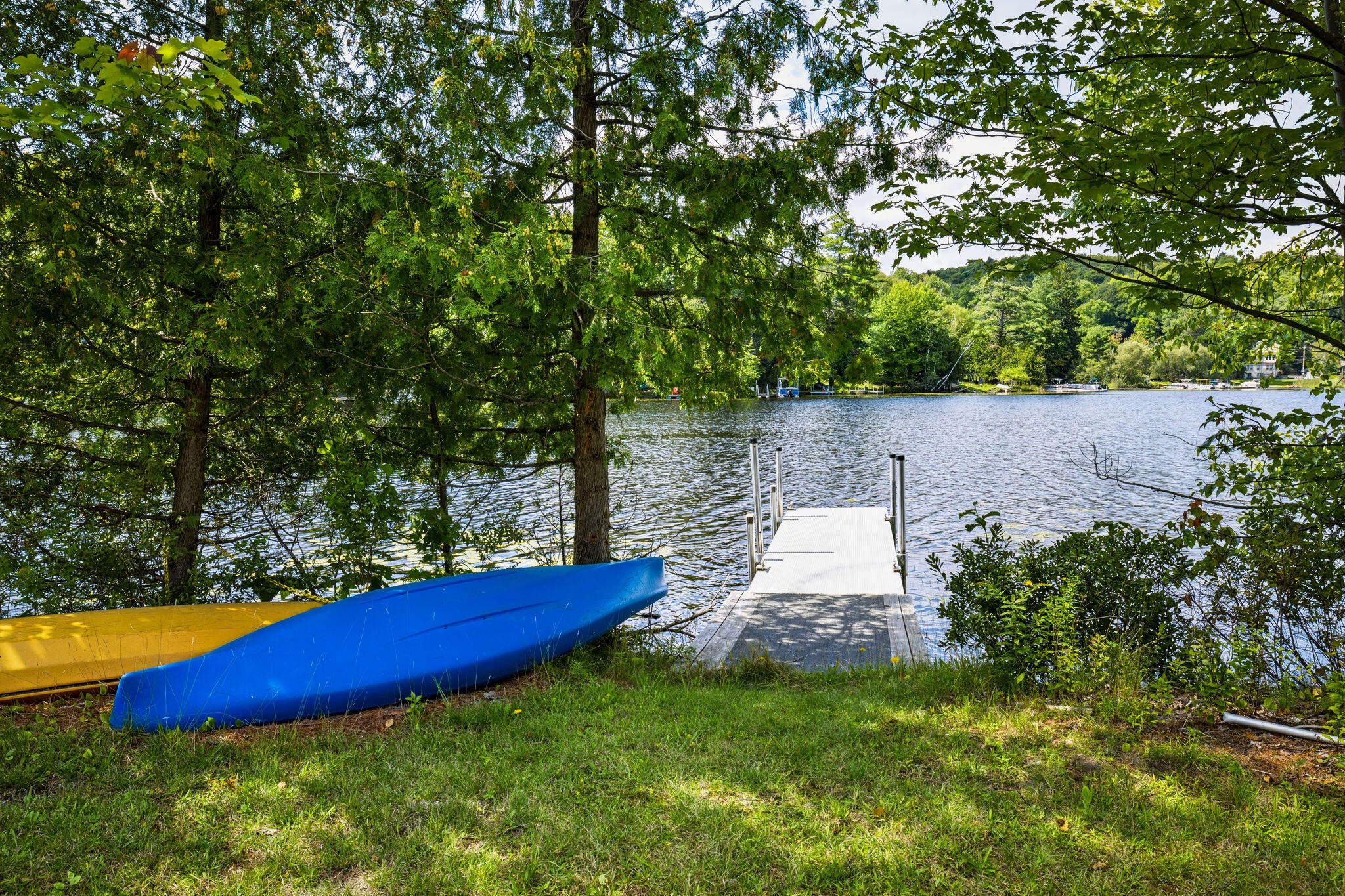Wooded lakeshore with a dock extending into the lake and blue and yellow kayaks on the bank.