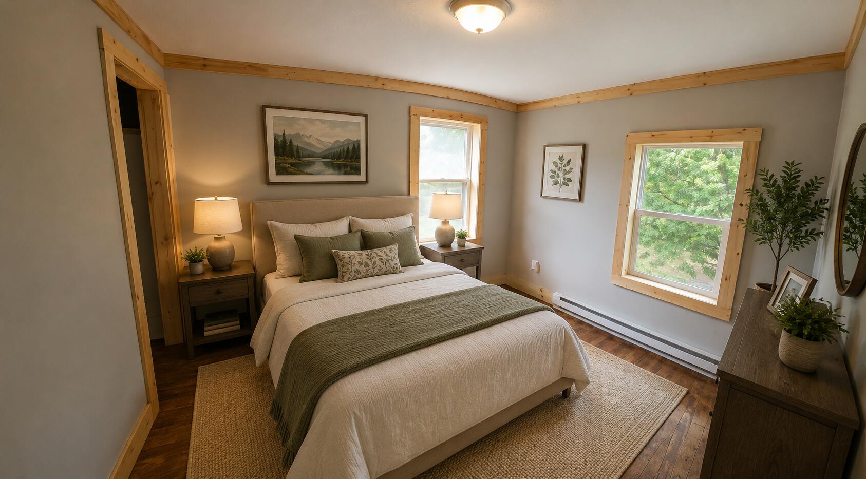 Bedroom with a large neutral bed, natural wood trim, and windows overlooking greenery.
