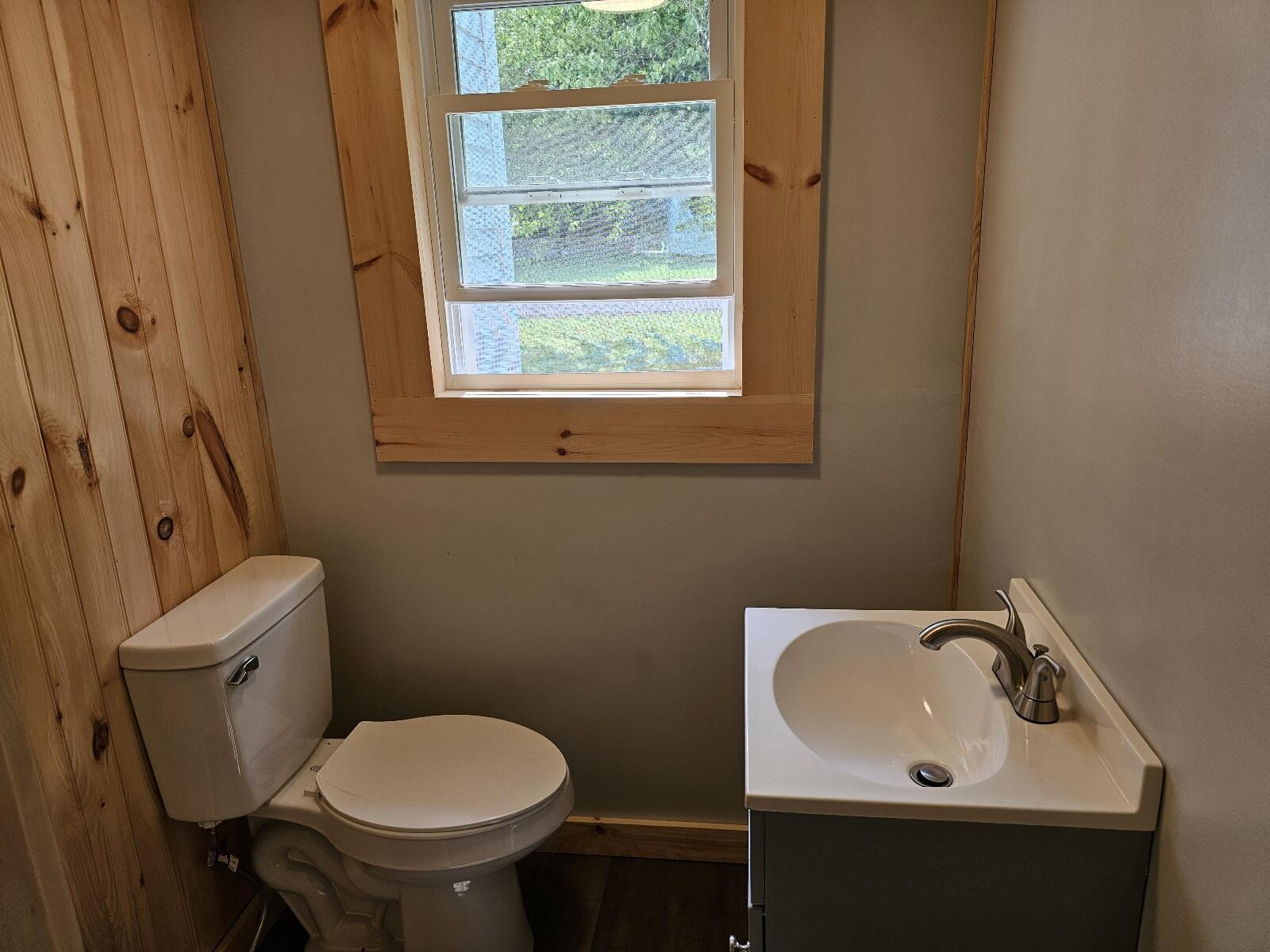 Bathroom with a white toilet, vanity sink, and natural wood paneling beside a window.